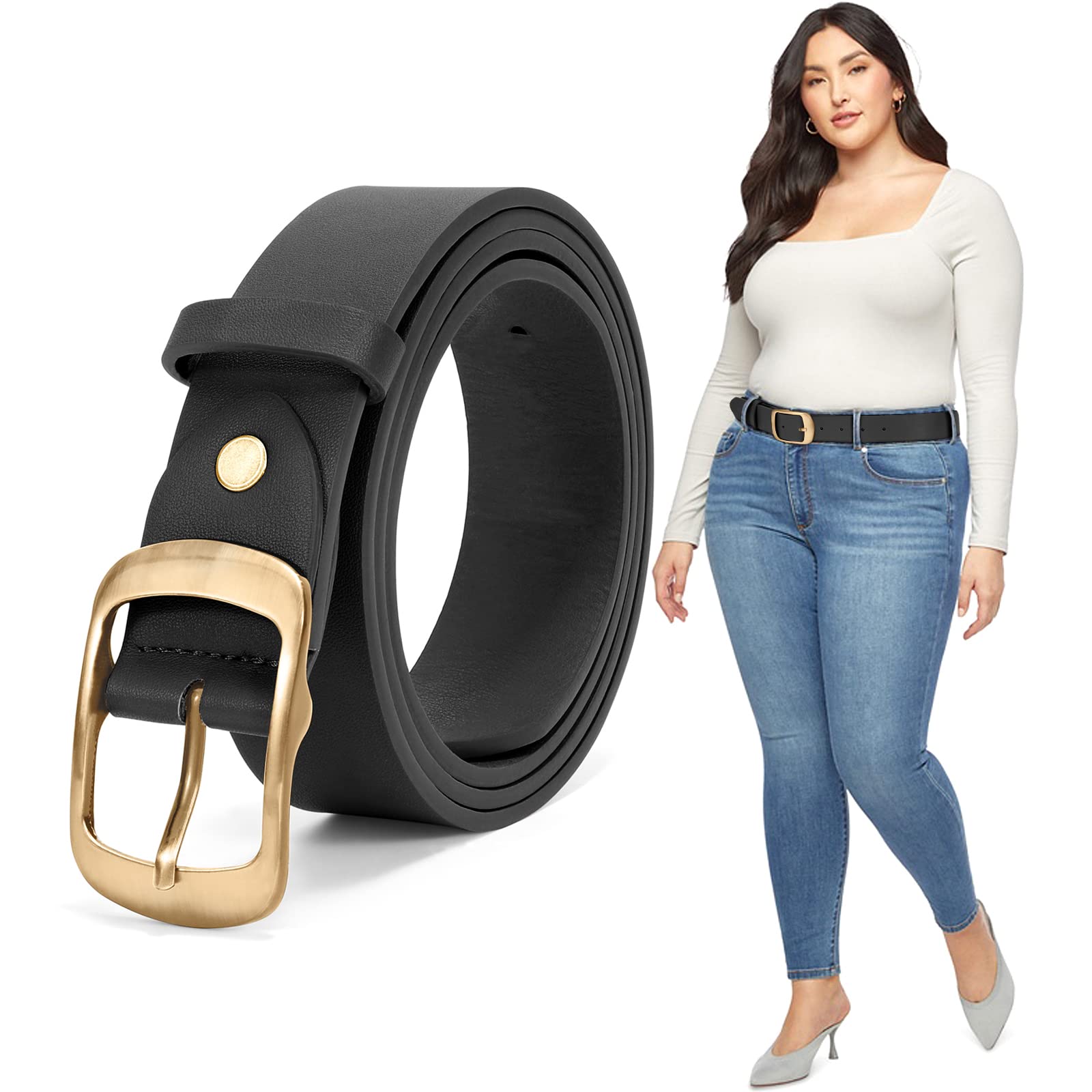 JASGOOD Plus Size Women Leather Belt Black Casual Waist Belt for Jeans Pants with Metal Pin Buckle - JASGOOD OFFICIAL