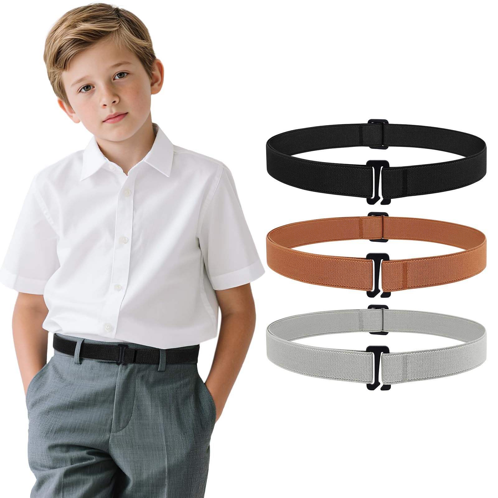 JASGOOD 3 Pack Kids No Show Stretch Belt for Boys Girls Jeans invisible Nickel Free Elastic Belt with Flat Buckle