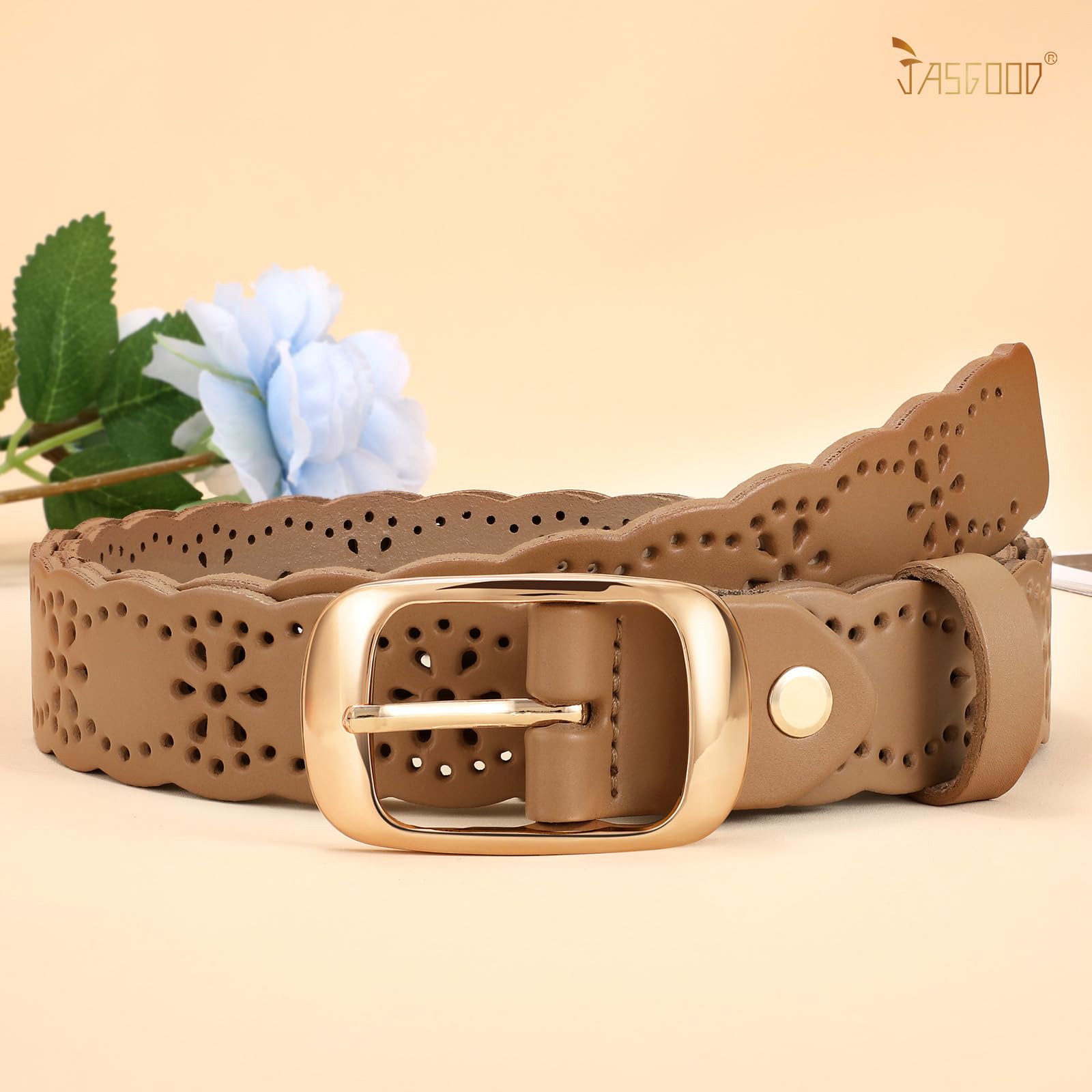 JASGOOD Leather Belt for Women Hollow Flower Leather Belt for Jeans Pants Fashion Waist Belt with Gold Buckle