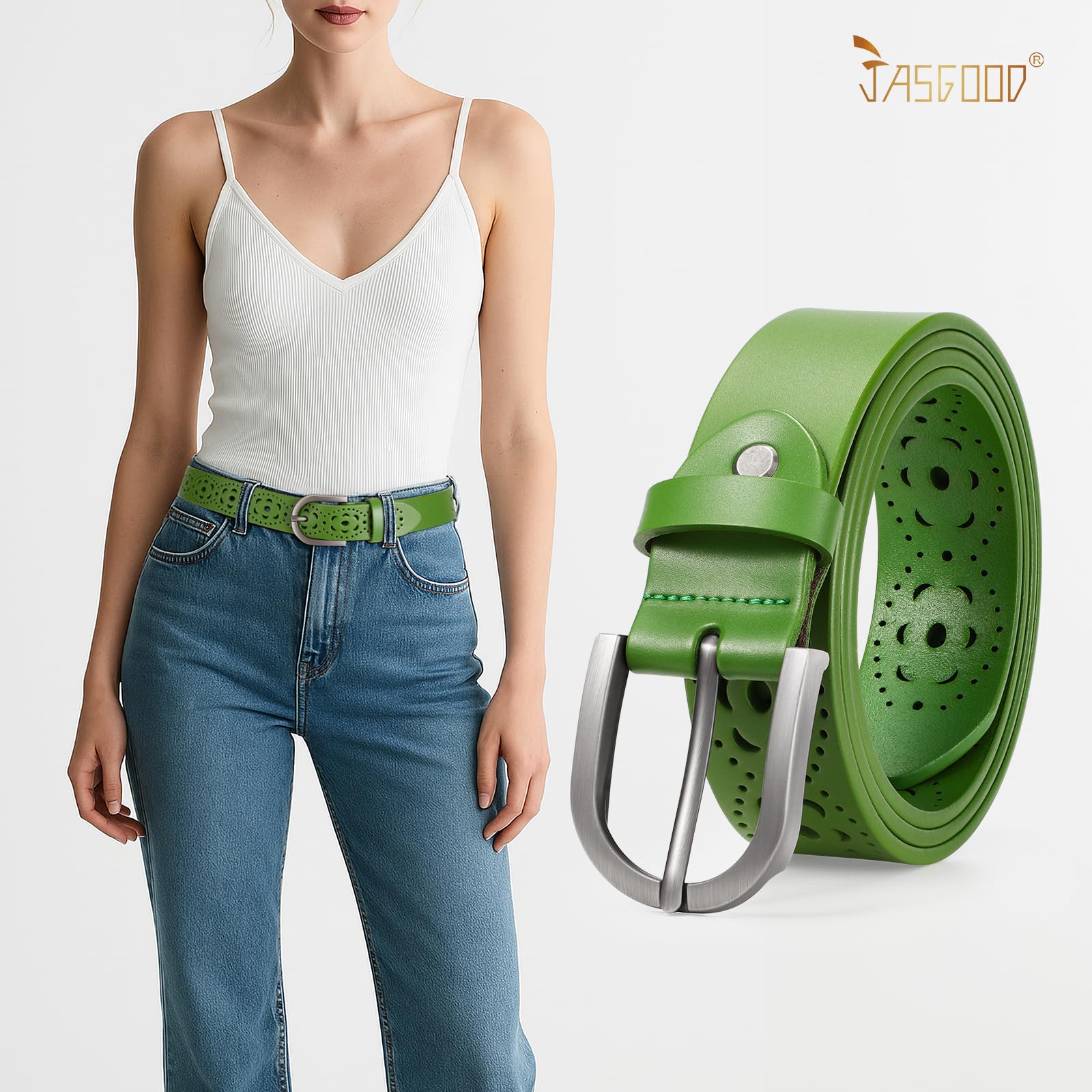JASGOOD Hollow Genuine Leather Belt for Women Ladies Belt for Jeans Pants Casual Waist Belt - JASGOOD OFFICIAL