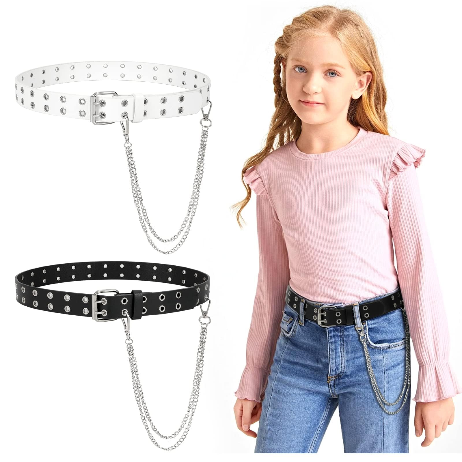 JASGOOD 2 Pack Kids Double Grommet Belt for Girls and Boys, PU Leather Kids Double Studded Holes Belt for Jeans Pants