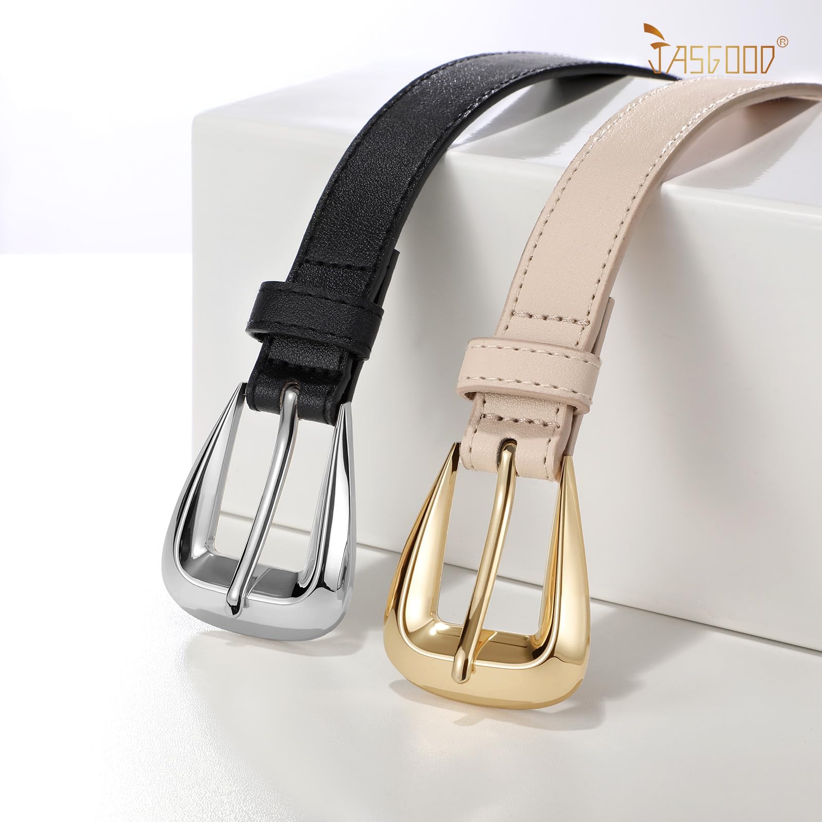 JASGOOD Women Leather Belts for Jeans Pants Soft Leather Waist Belt for Ladies Vintage Belt with Gold Buckle 0.9" Width
