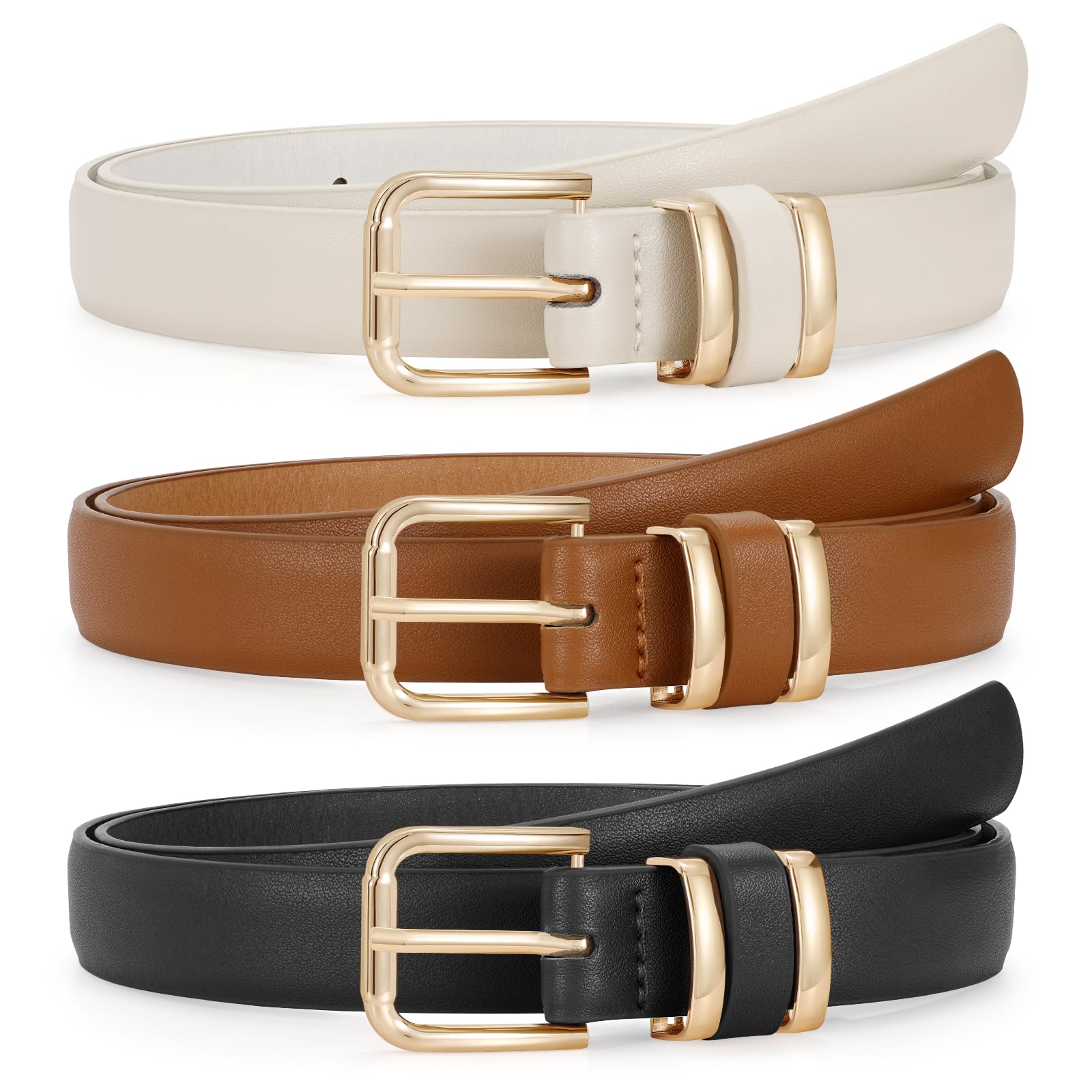 JASGOOD 3 Pack Women's Leather Belts for Jeans Dress Pants Trendy Belts with Gold Buckle