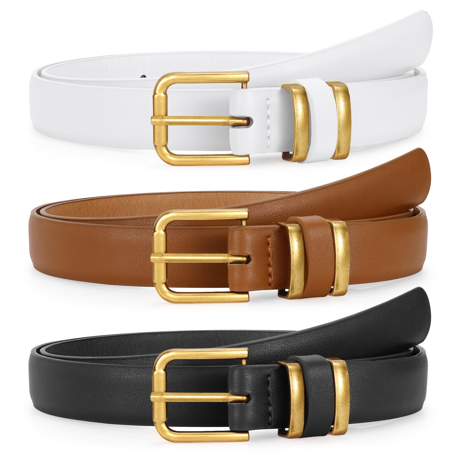 JASGOOD 3 Pack Women's Leather Belts for Jeans Dress Pants Trendy Belts with Gold Buckle