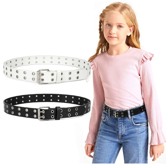 JASGOOD 2 Pack Kids Double Grommet Belt for Girls and Boys, PU Leather Kids Double Studded Holes Belt for Jeans Pants