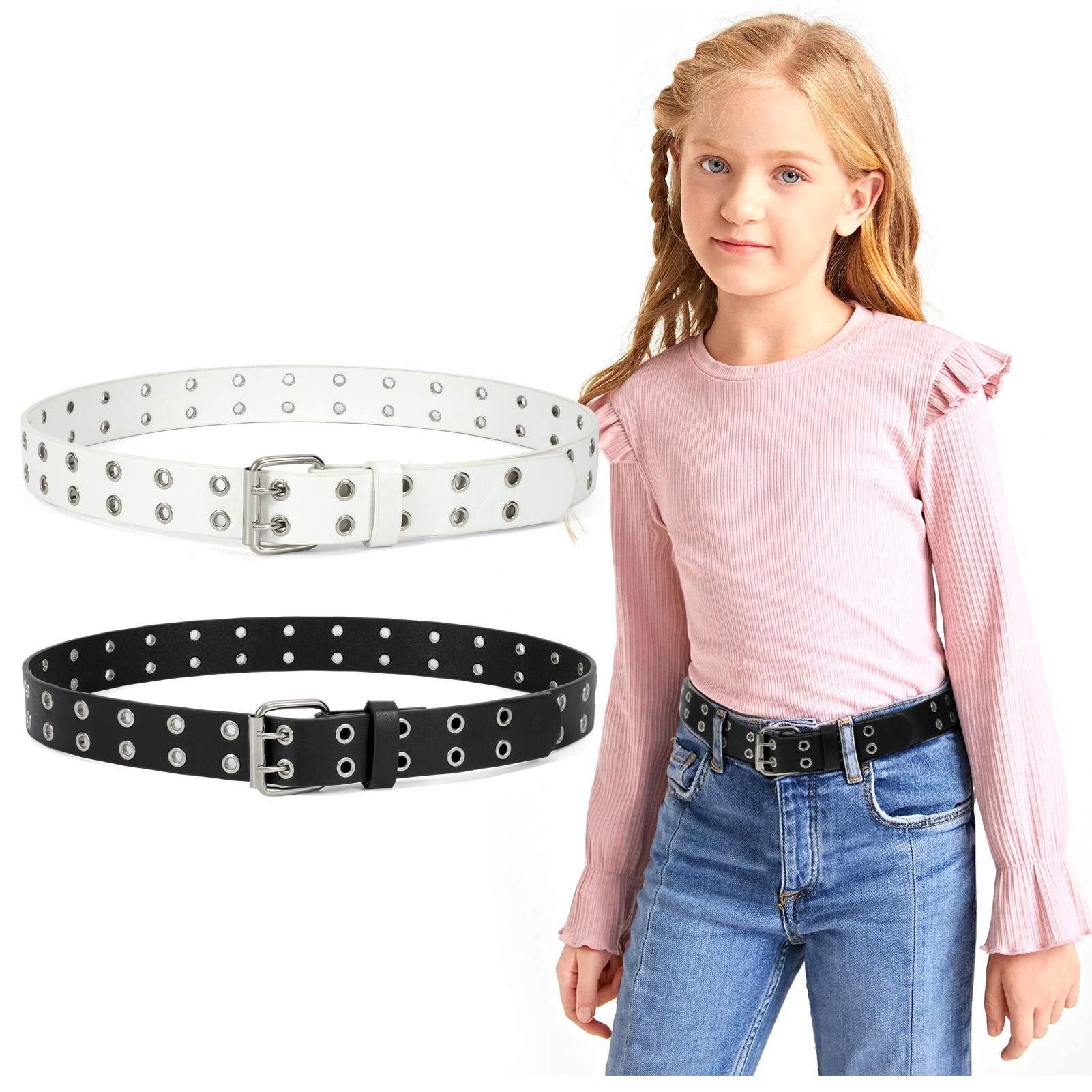 JASGOOD 2 Pack Kids Double Grommet Belt for Girls and Boys, PU Leather Kids Double Studded Holes Belt for Jeans Pants