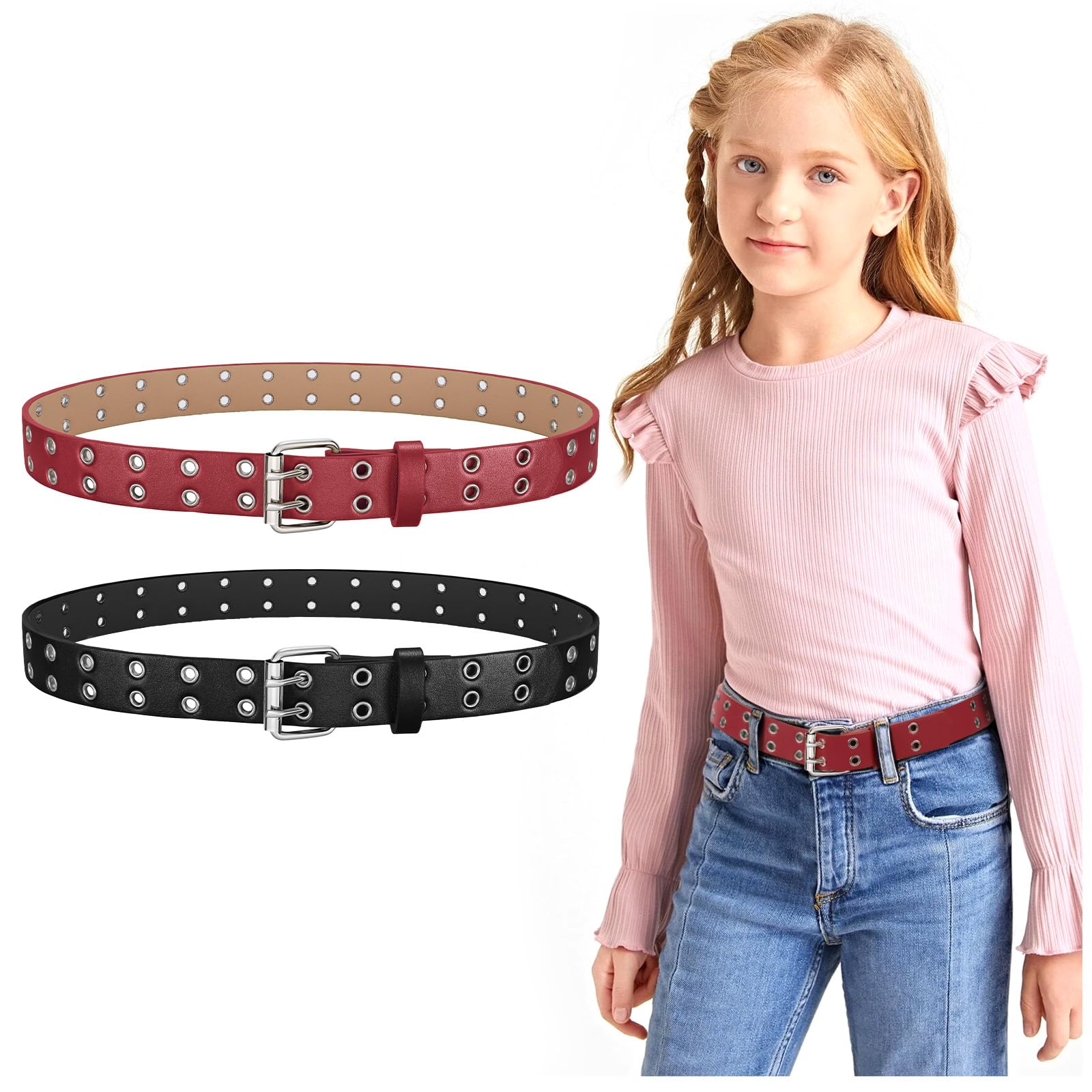 JASGOOD 2 Pack Kids Double Grommet Belt for Girls and Boys, PU Leather Kids Double Studded Holes Belt for Jeans Pants