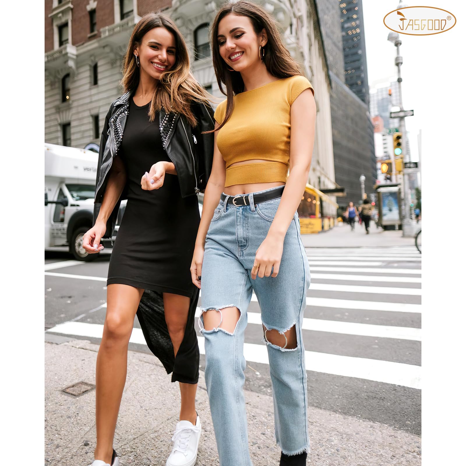 JASGOOD Women Leather Belt Fashion Dress Belt with Gold Buckle for Ladies Jeans Pants