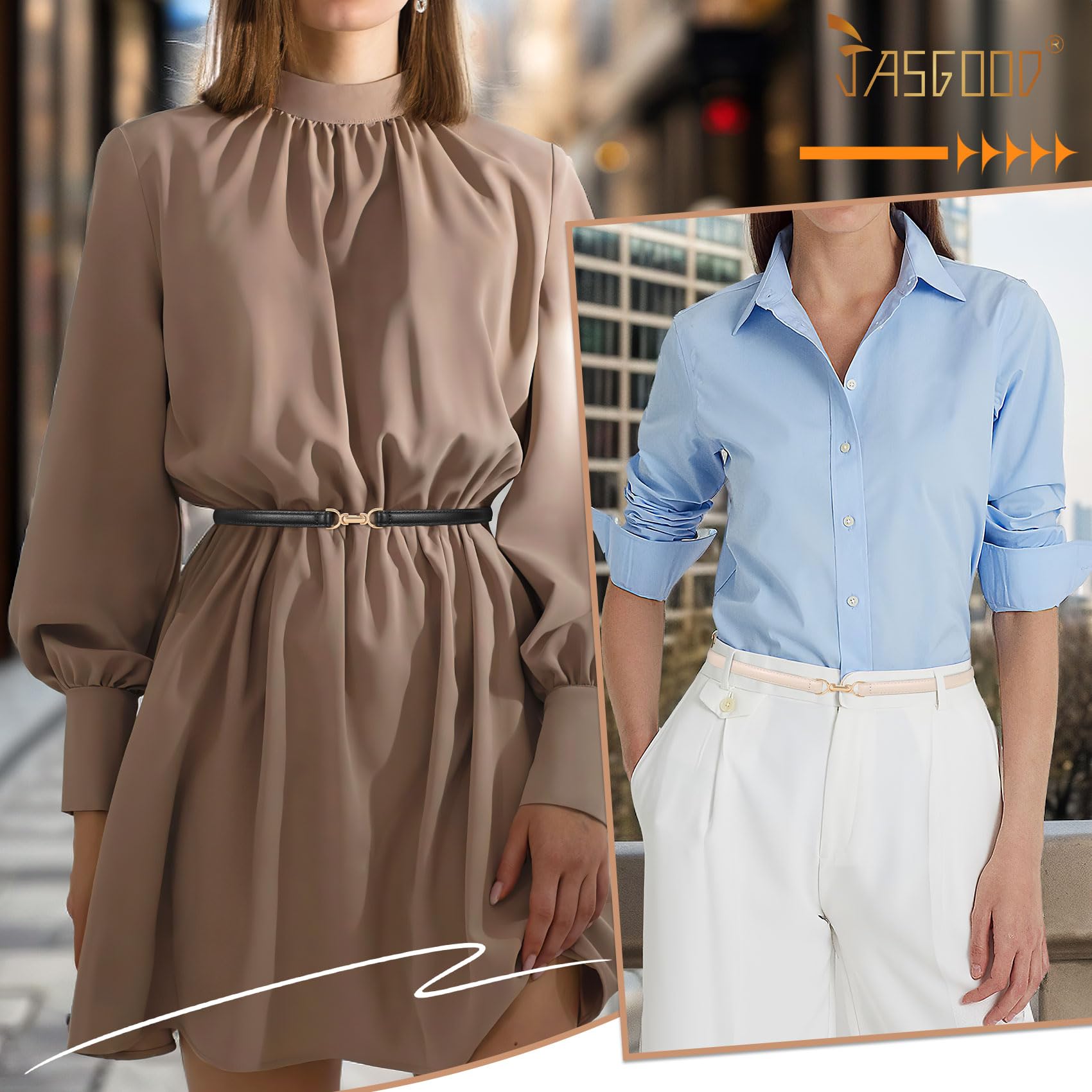 JASGOOD 2 Pack Women Skinny Faux Leather Belts Thin Waist Belts With Adjustable Gold Buckle for Dresses Jeans