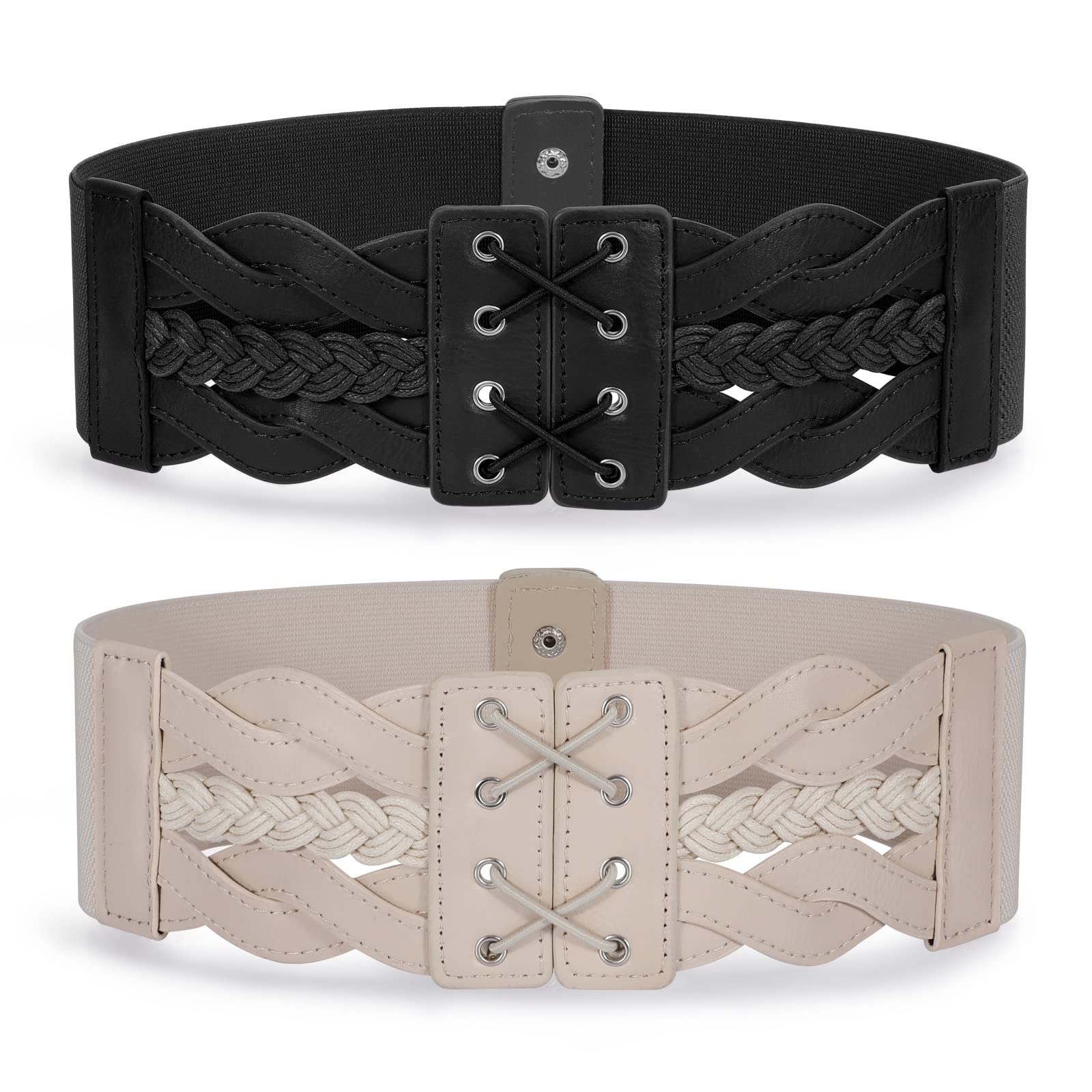 JASGOOD 2 Pack Women Wide Elastic Dress Belts Vintage Stretchy Belt Fashion Waist Belt for Ladies Dresses