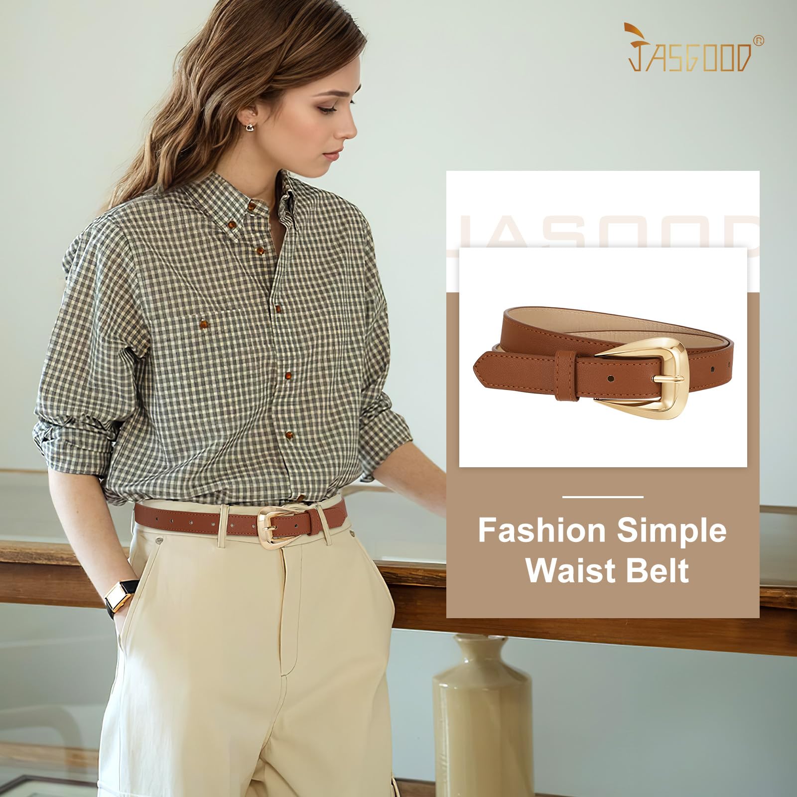 JASGOOD Women Leather Belts for Jeans Pants Soft Leather Waist Belt for Ladies Vintage Belt with Gold Buckle 0.9" Width