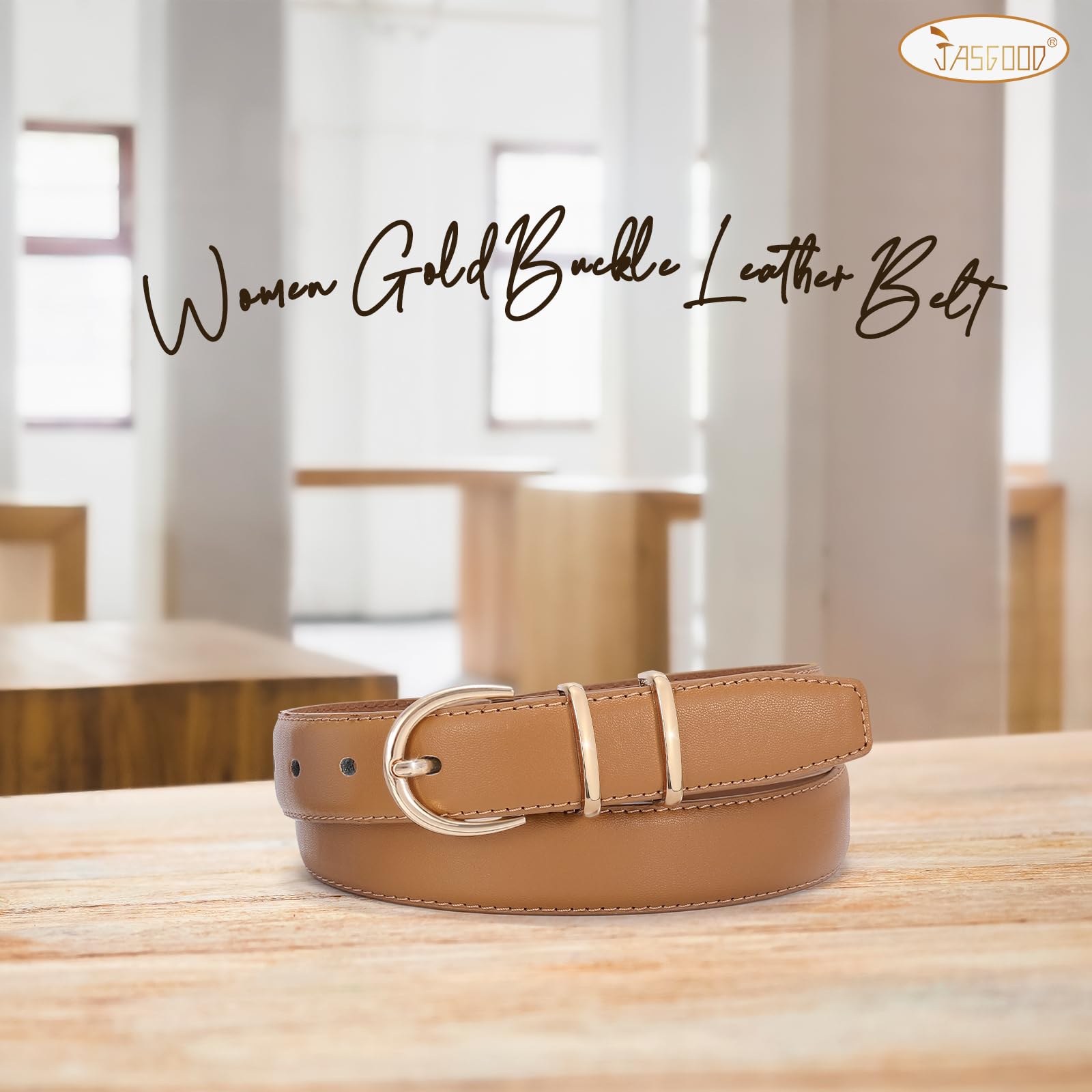 JASGOOD Women Leather Belt Fashion Dress Belt with Gold Buckle for Ladies Jeans Pants