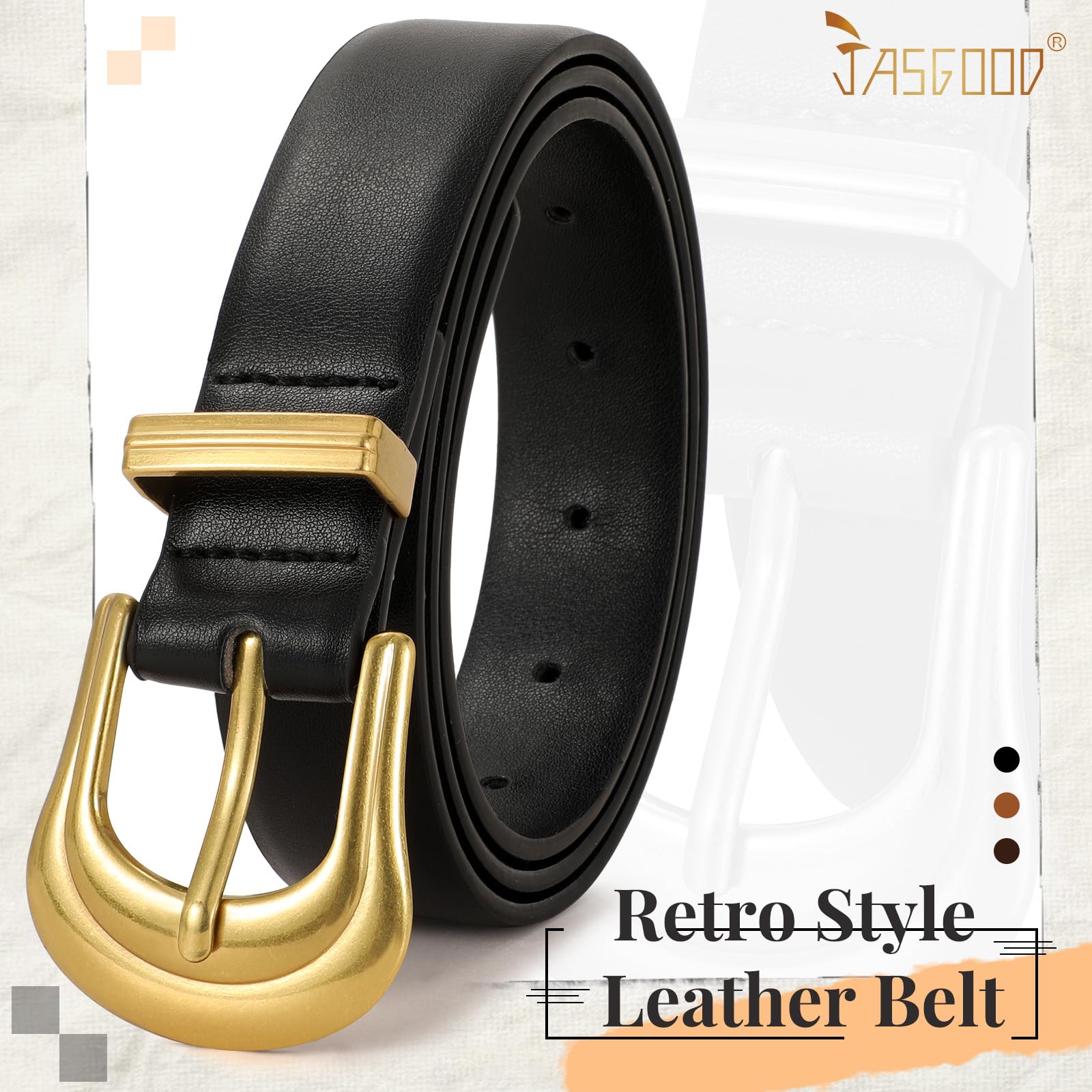 JASGOOD Women's Western Belt Vintage Black Leather Waist Belt for Pants Jeans with Gold Buckle