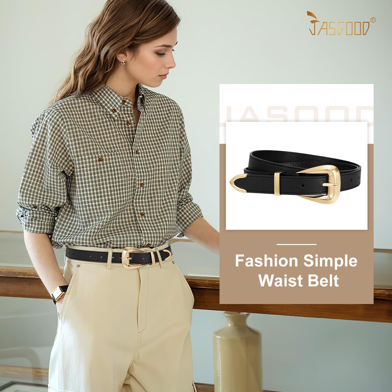 JASGOOD Women Leather Belts for Jeans Pants Soft Leather Waist Belt for Ladies Vintage Belt with Gold Buckle 0.9" Width