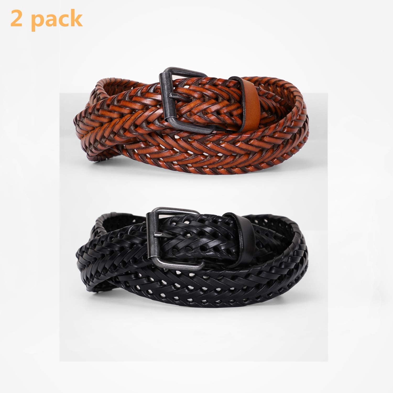 JASGOOD Men’s Leather Braided Belt, Leather Woven Belt for Jeans 1.3 Inch Wide with Prong Buckle