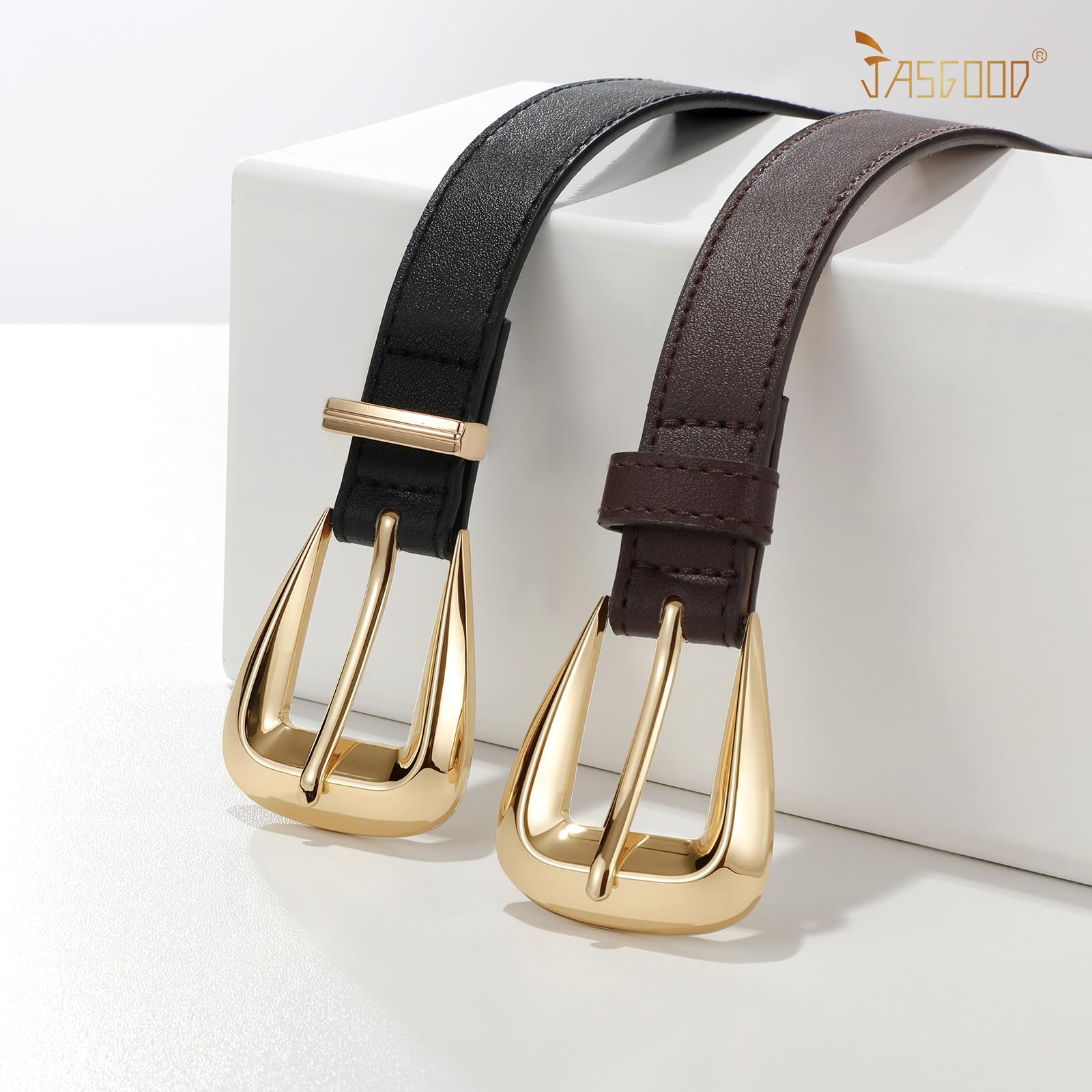 JASGOOD Women Leather Belts for Jeans Pants Soft Leather Waist Belt for Ladies Vintage Belt with Gold Buckle 0.9" Width
