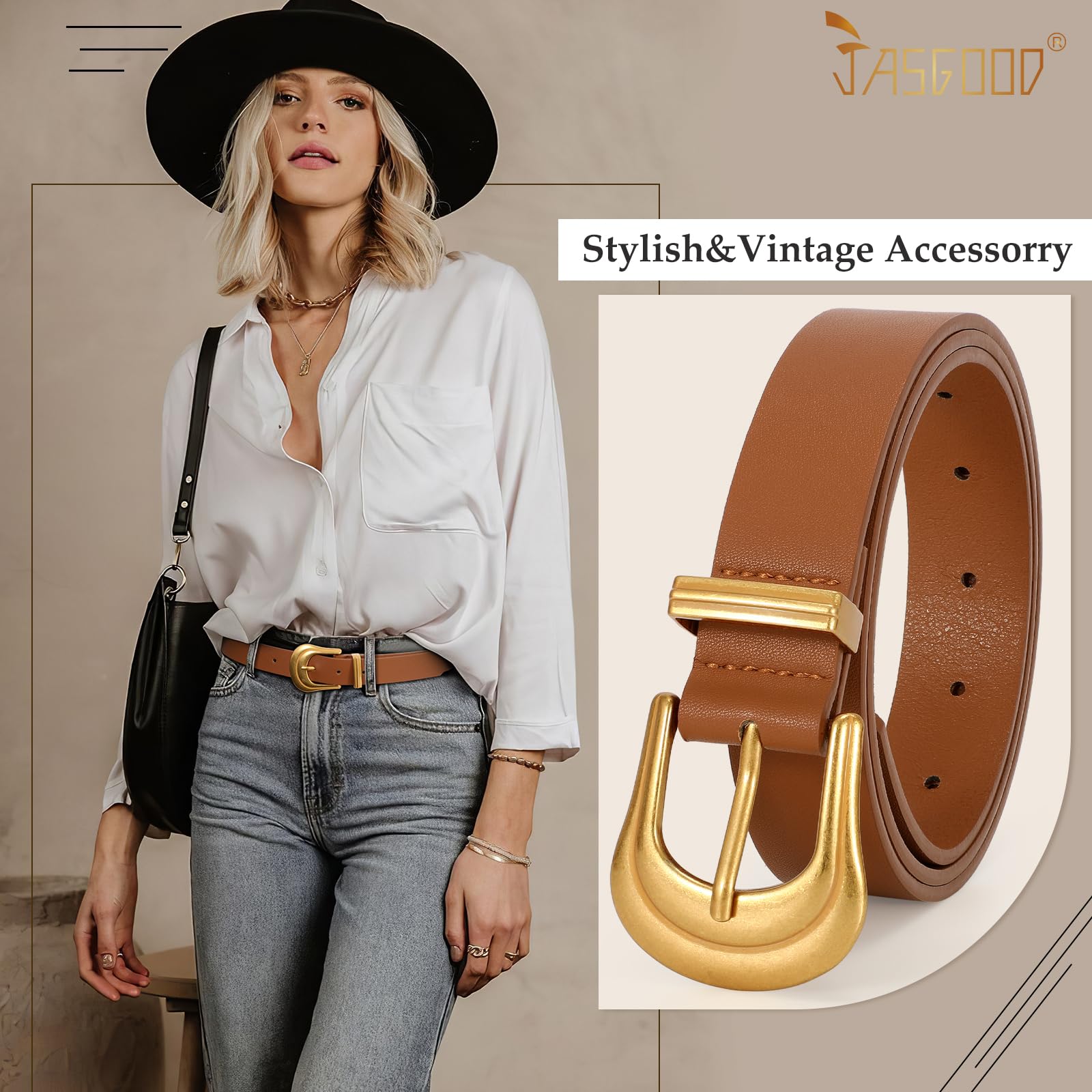 JASGOOD Women's Western Belt Vintage Black Leather Waist Belt for Pants Jeans with Gold Buckle