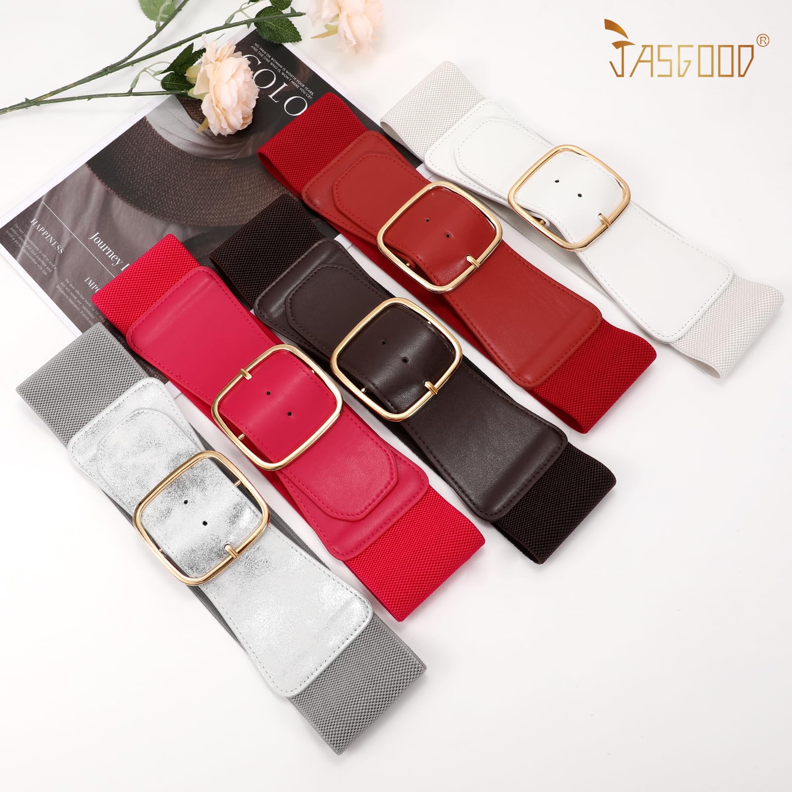 JASGOOD Women Elastic Wide Belt Ladies Stretchy Waist Belt with Square Buckle for Dress