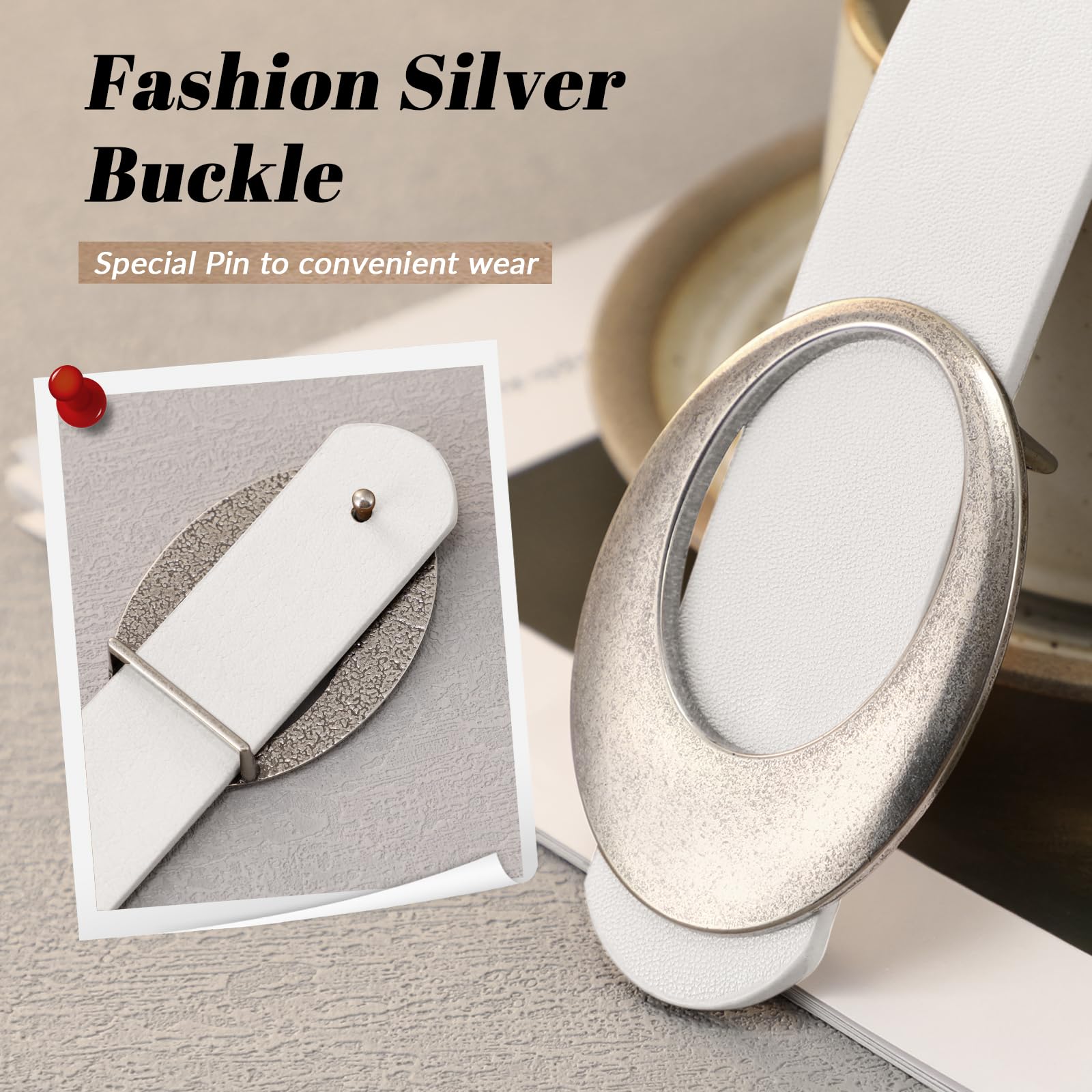 JASGOOD Women Leather Belt with Timeless Oval Silver Buckle Trendy PU Leather Waist Belt for Ladies Jeans Dress Pants