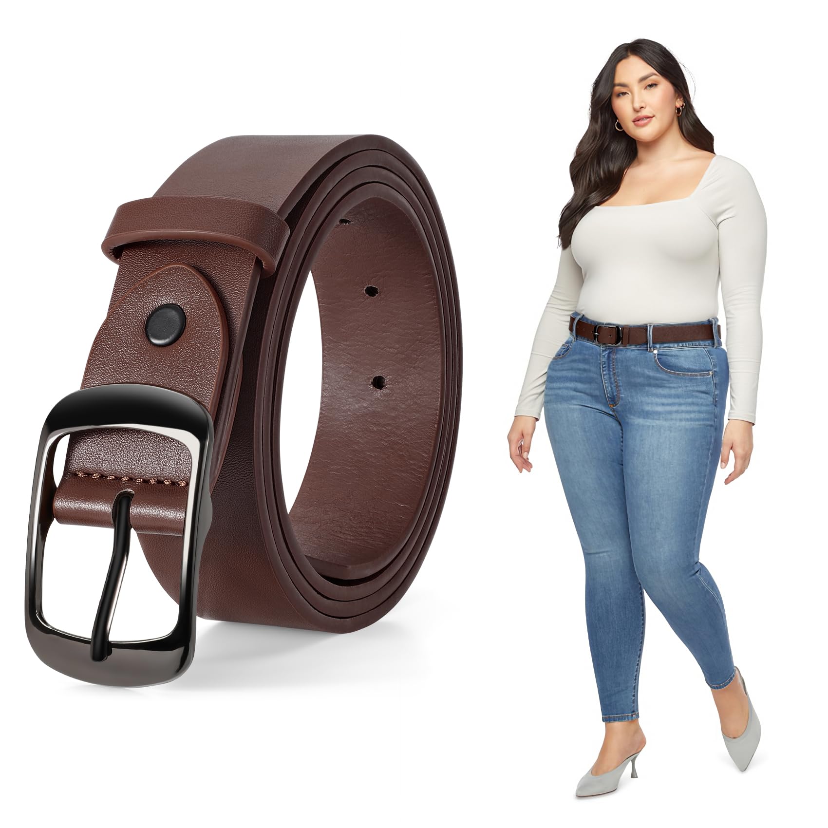 JASGOOD Plus Size Women Leather Belt Black Casual Waist Belt for Jeans Pants with Metal Pin Buckle - JASGOOD OFFICIAL