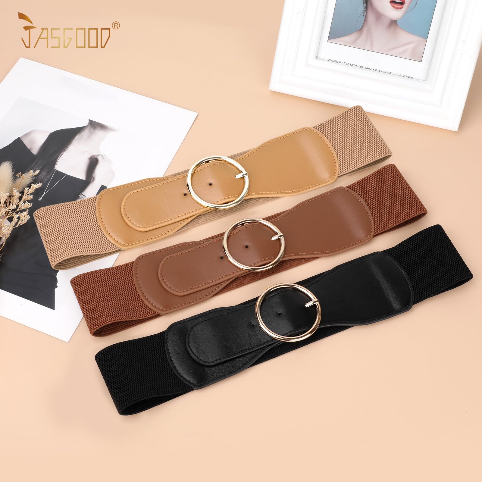 JASGOOD 3 Pack Women Wide Elastic Waist Belt for Dress Ladies Stretch Belt with Gold Round Buckle - JASGOOD OFFICIAL