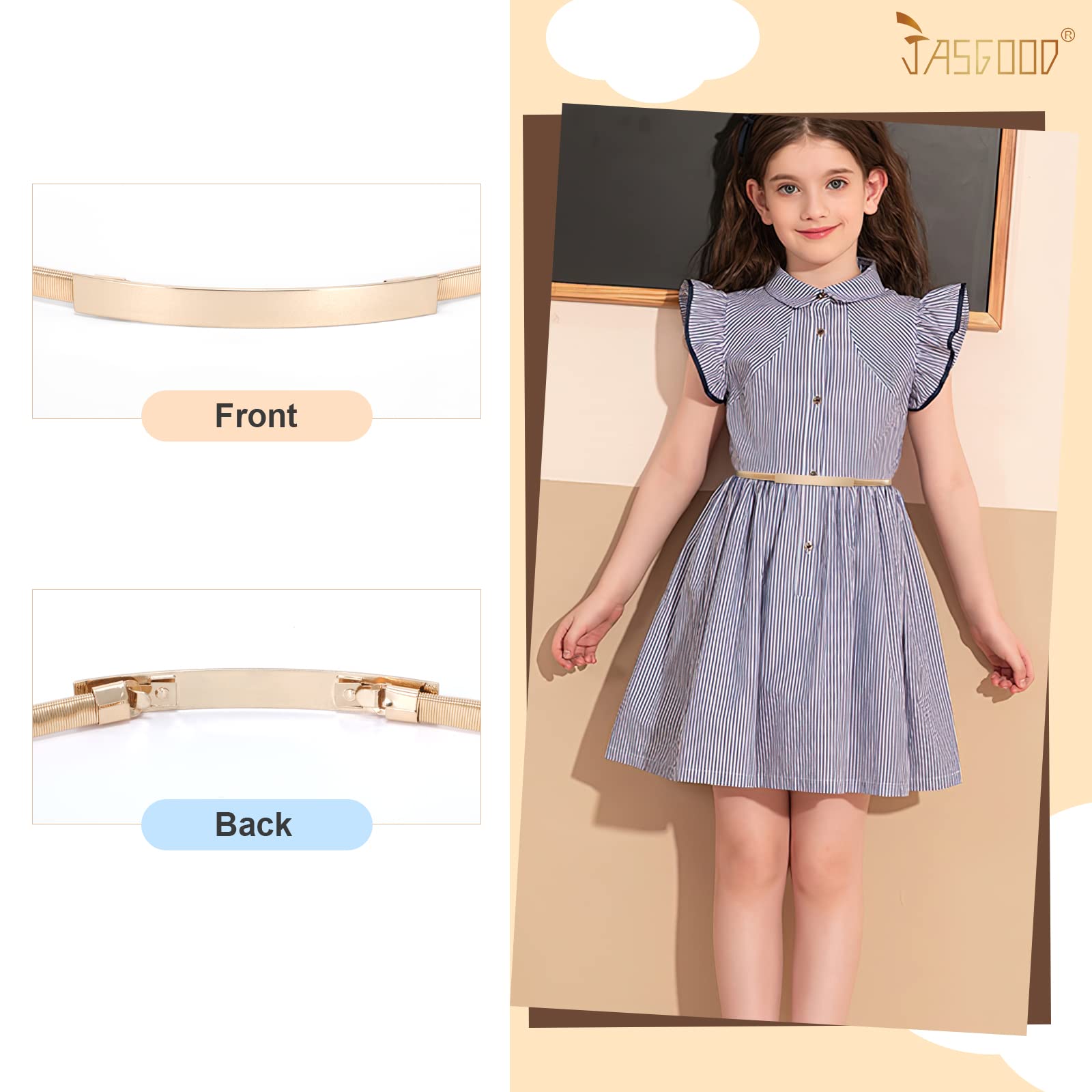 JASGOOD Kids Skinny Gold Metal Waist Belt for Girls Elastic Metal Chain Waist Belt
