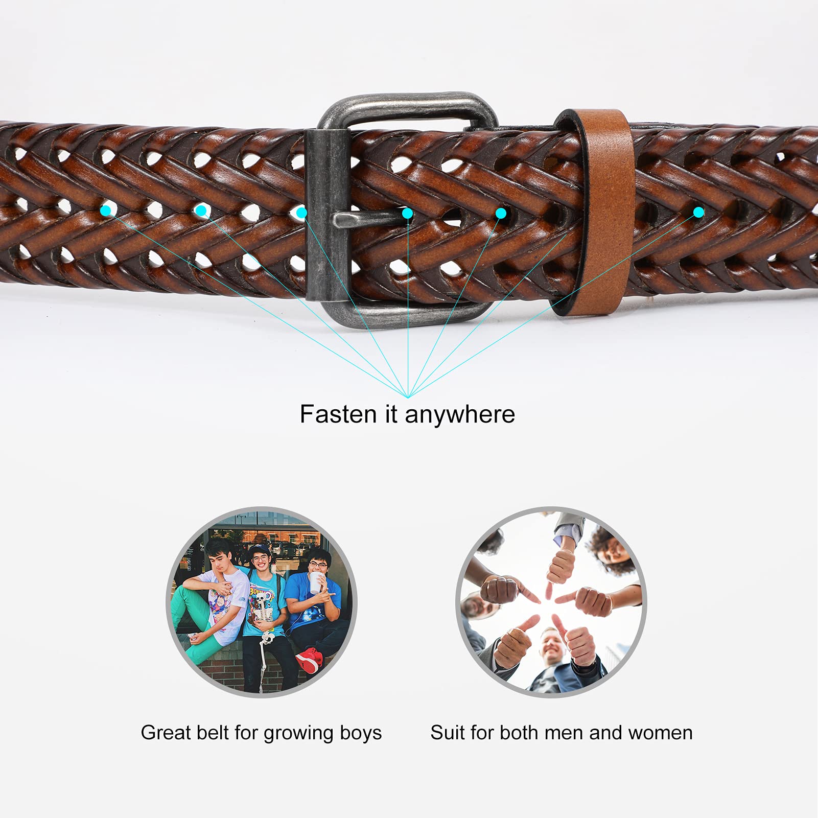 JASGOOD Men’s Leather Braided Belt, Leather Woven Belt for Jeans 1.3 Inch Wide with Prong Buckle