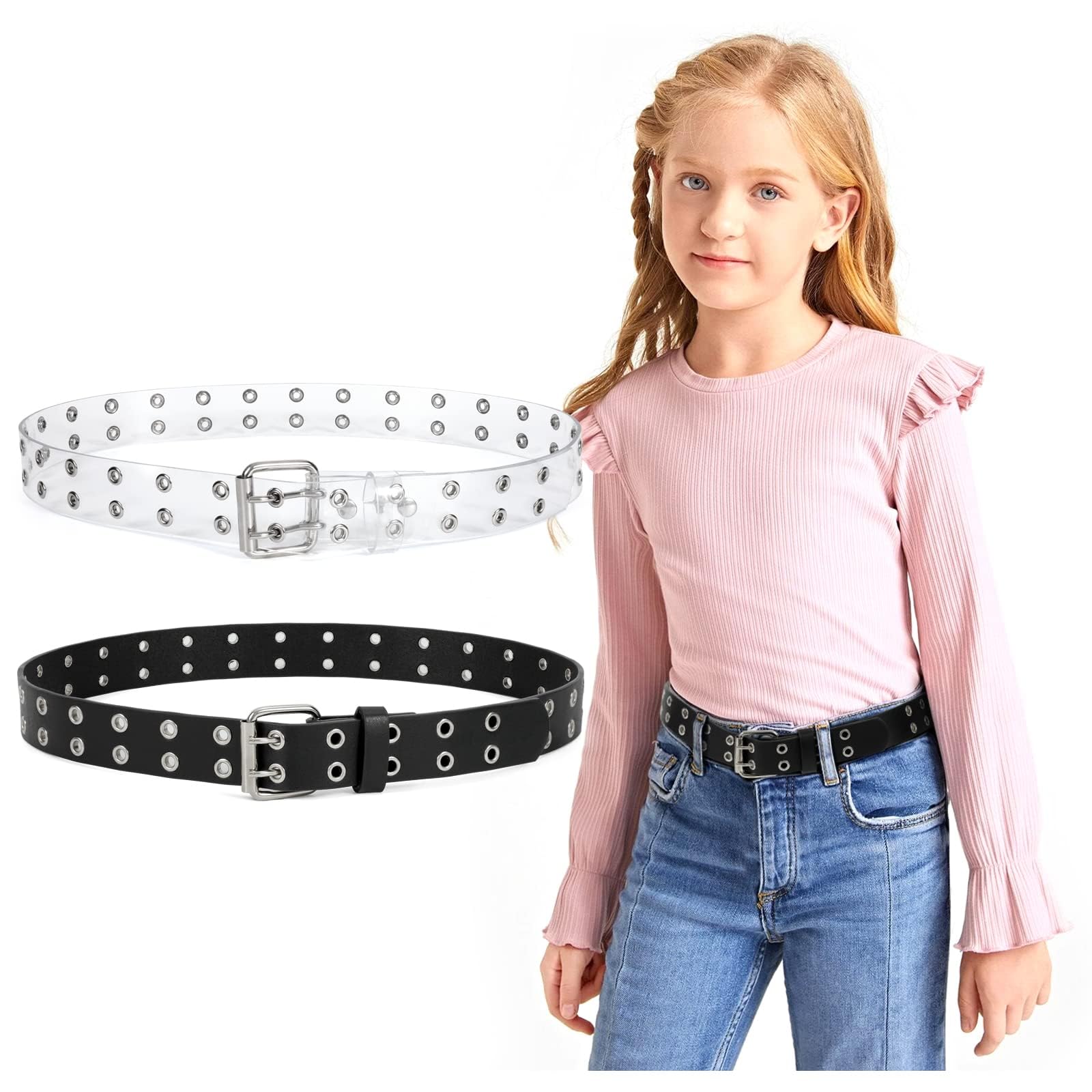 JASGOOD 2 Pack Kids Double Grommet Belt for Girls and Boys, PU Leather Kids Double Studded Holes Belt for Jeans Pants