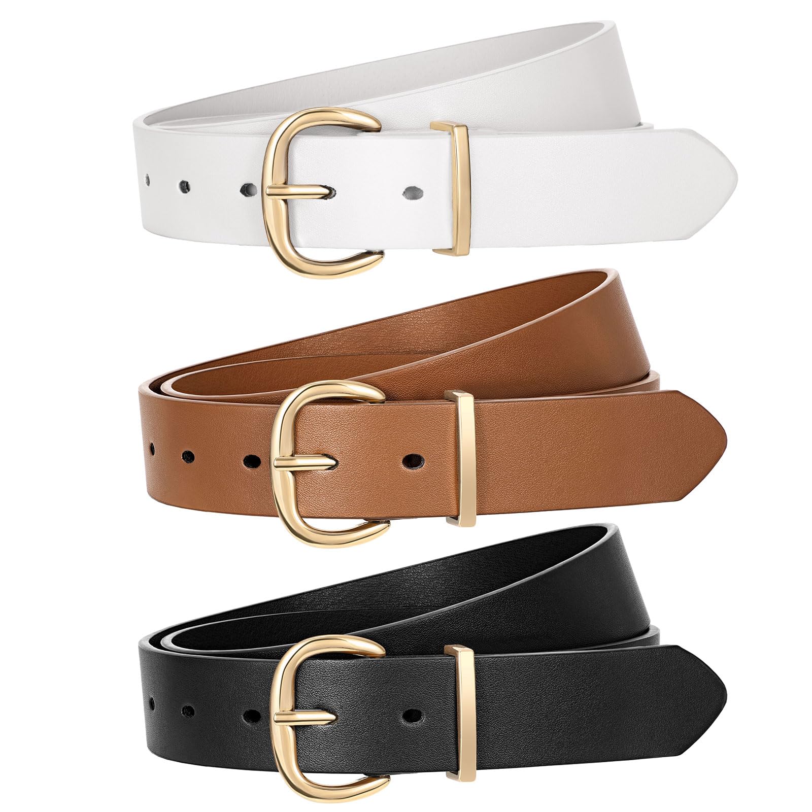 JASGOOD 3 Pack Women Leather Belt for Jeans Pants Gold Buckle Casual Waist Dresses Belt for Ladies