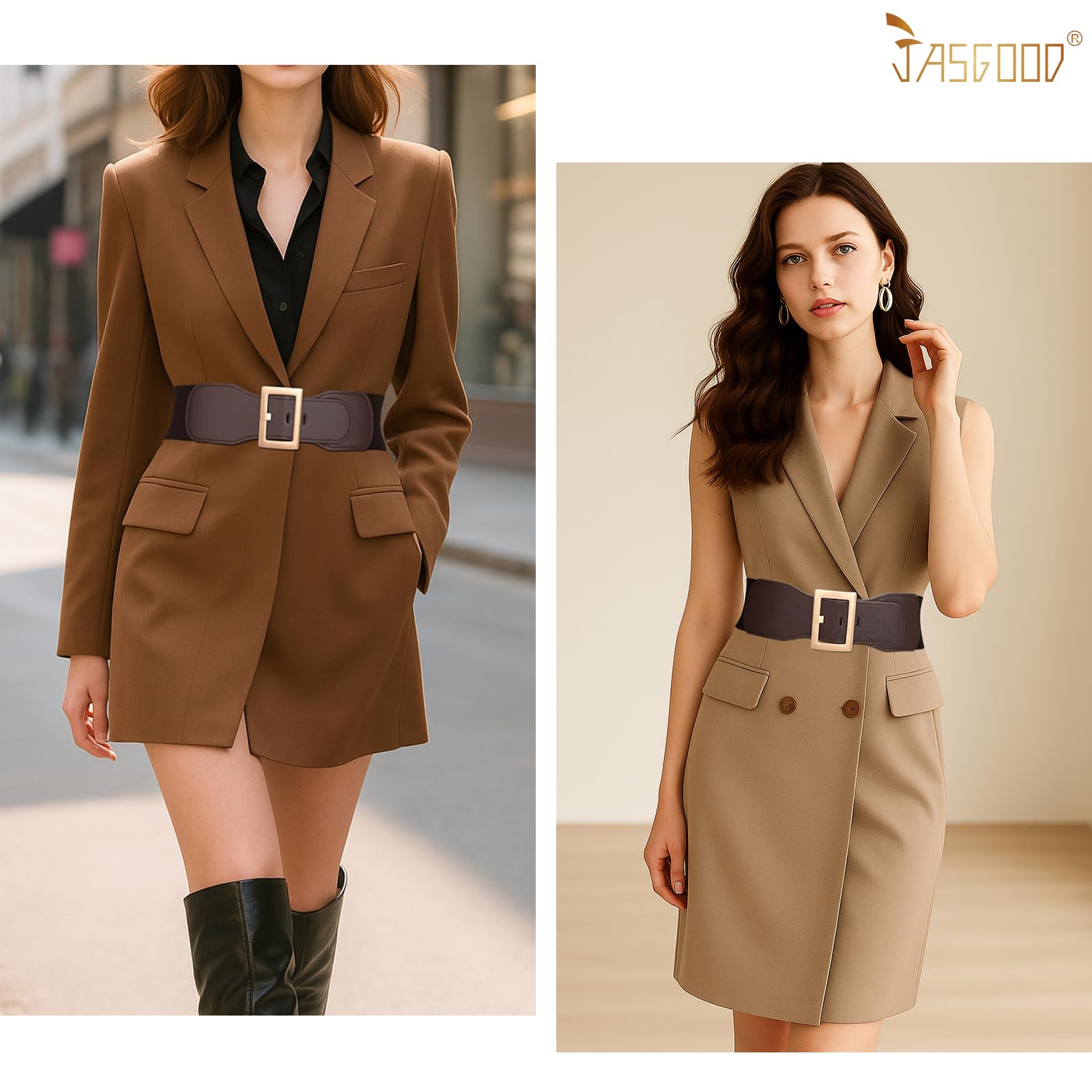 JASGOOD Women Wide Elastic Belt Stretchy Vintage Waist Belts for Dress Santa Belt with Square Buckle