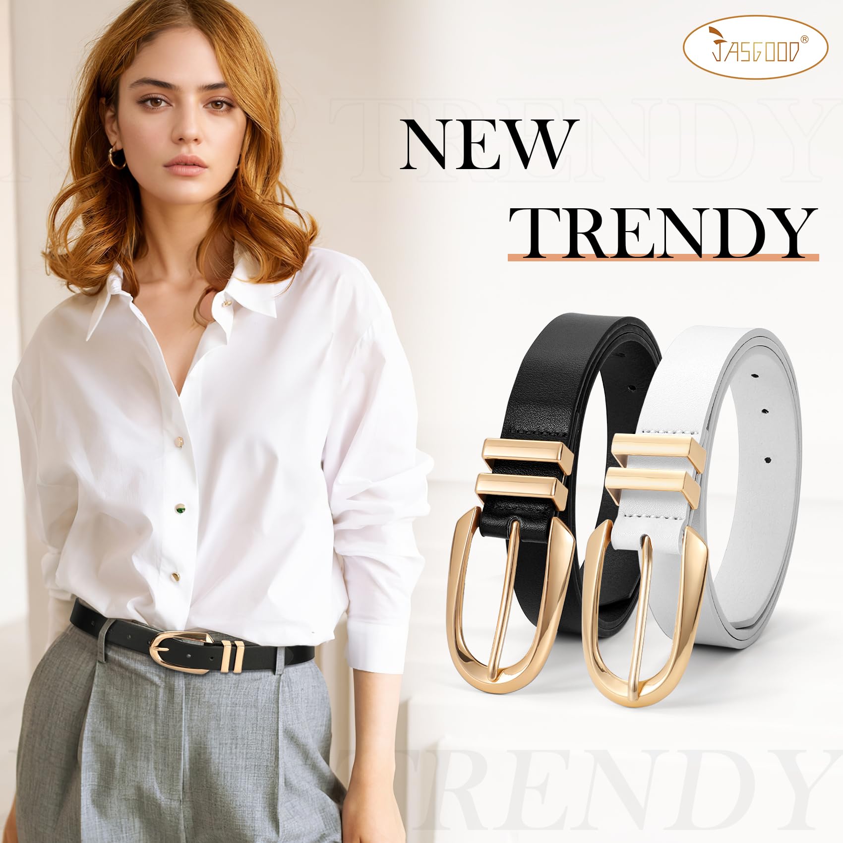 JASGOOD Women Leather Belt Fashion Waist Belt for Pants Jean Ladies Faux Leather Dress belt with Gold/Silver Buckle 2 Pack