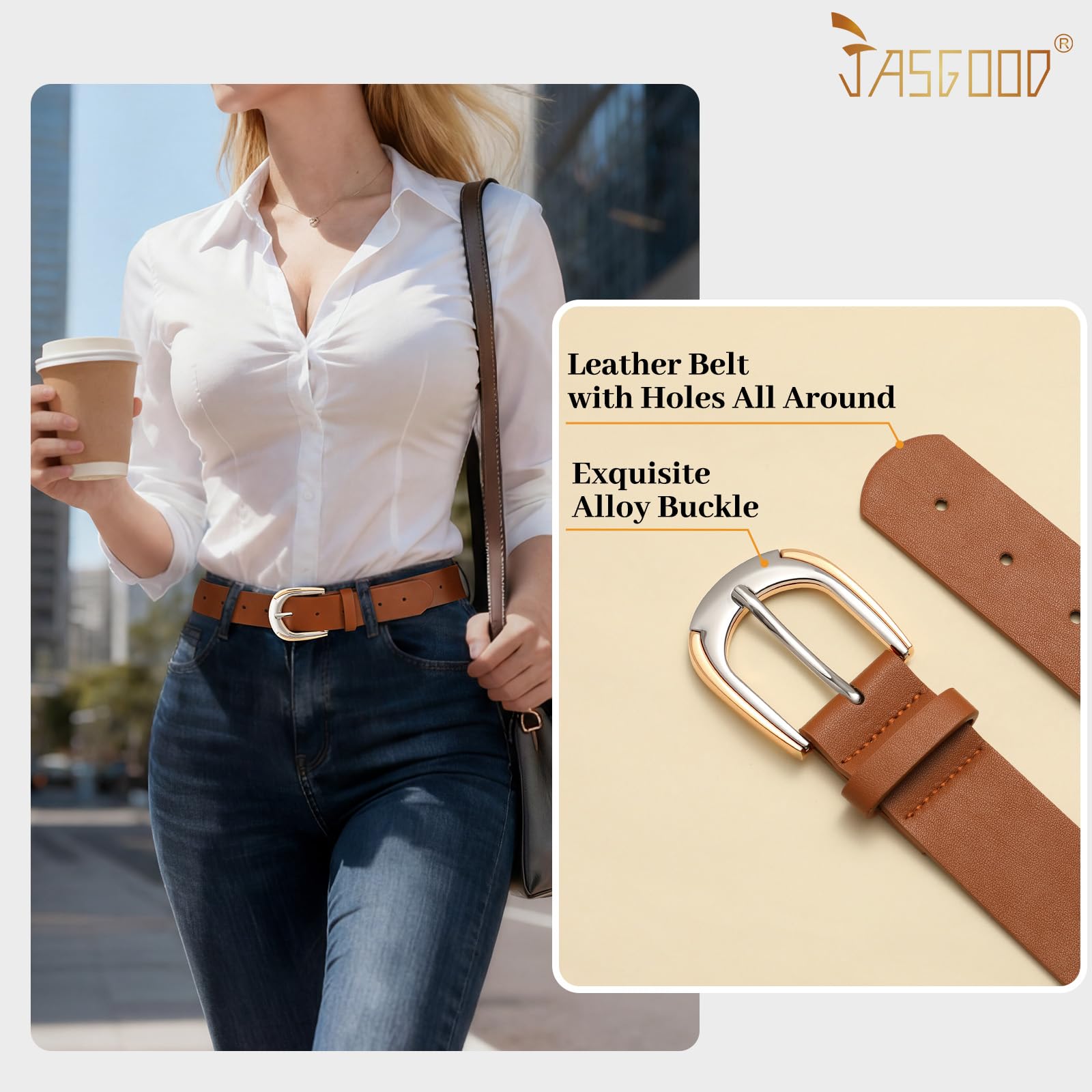 JASGOOD Leather Belts for Women Ladies Casual Belt for Jeans Pants Dresses with Gold and Silver Buckle