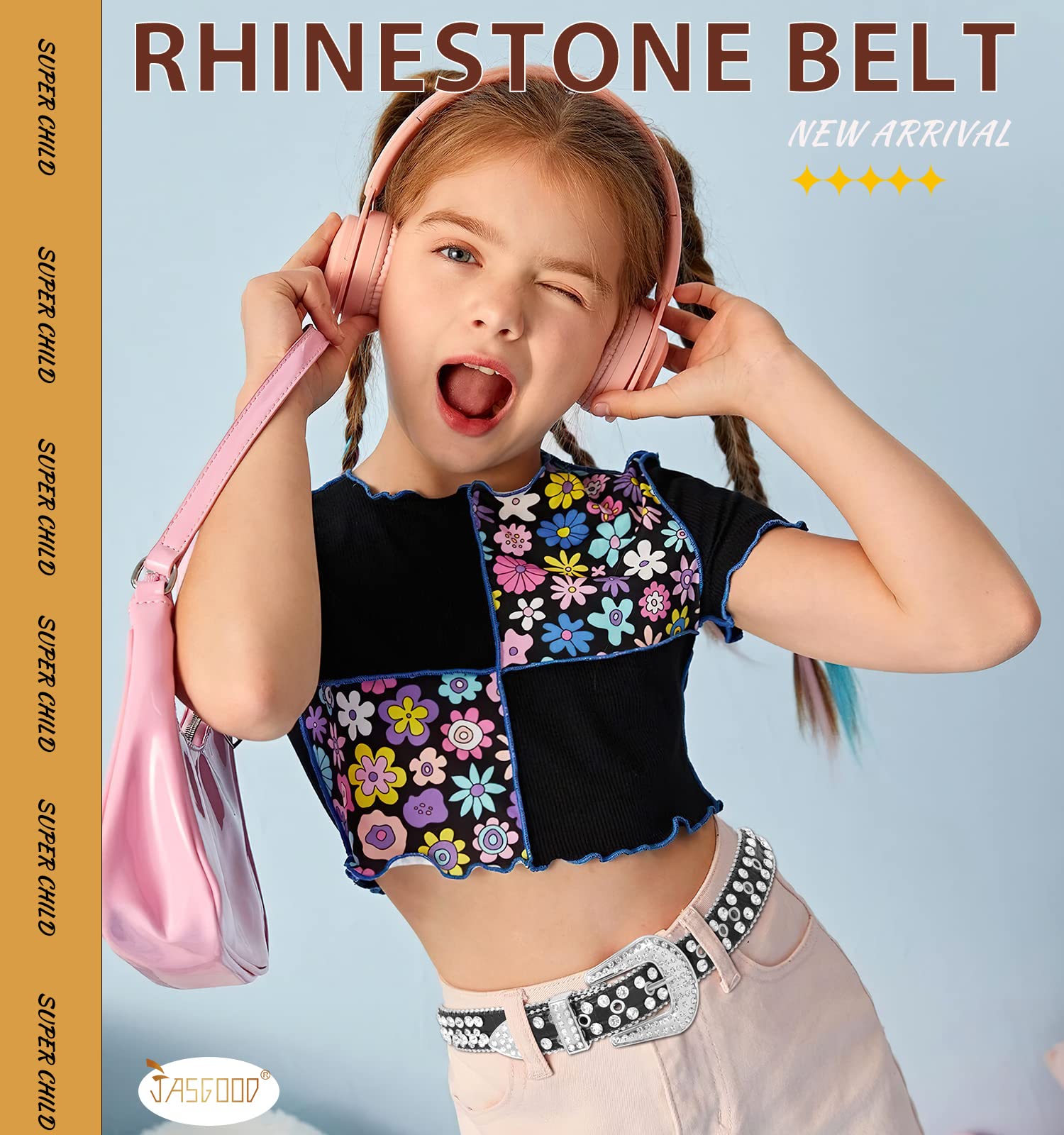JASGOOD Kids Rhinestone Belt for Girls and Boys,Western Cowgirl Cowboy Bling Studded Leather Belt for Jeans Dress