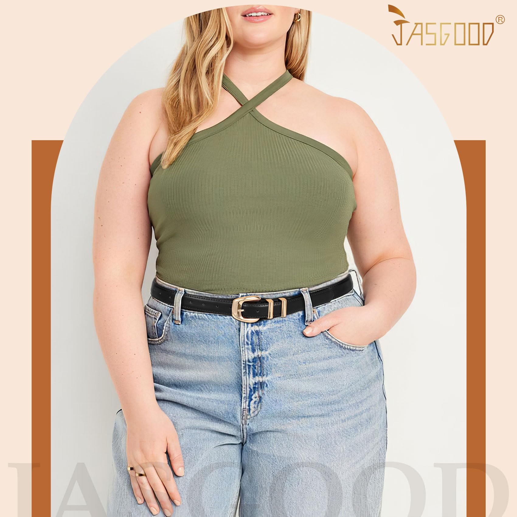 JASGOOD Women Leather Belt with Gold Buckle Plus Size Belt for Jeans Pants PU Leather Waist Belt for Ladies