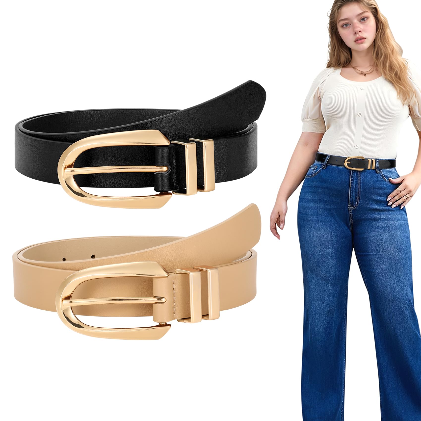 JASGOOD Women Leather Belt Fashion Waist Belt for Pants Jean Ladies Faux Leather Dress belt with Gold/Silver Buckle 2 Pack