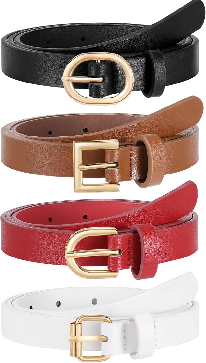 JASGOOD 4 Pack Women Skinny Leather Belt for Dresses with Gold Buckle Ladies Thin Waist Belt for Jeans Pants，Red+Brown+White+Black