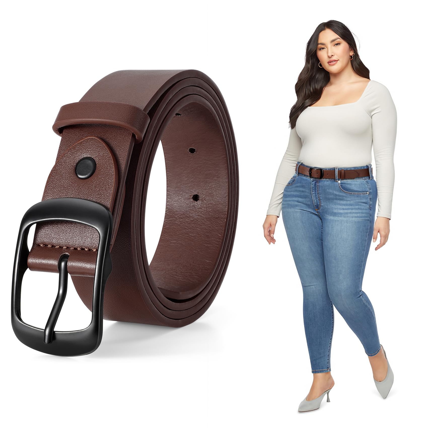 JASGOOD Plus Size Women Leather Belt Black Casual Waist Belt for Jeans Pants with Metal Pin Buckle - JASGOOD OFFICIAL
