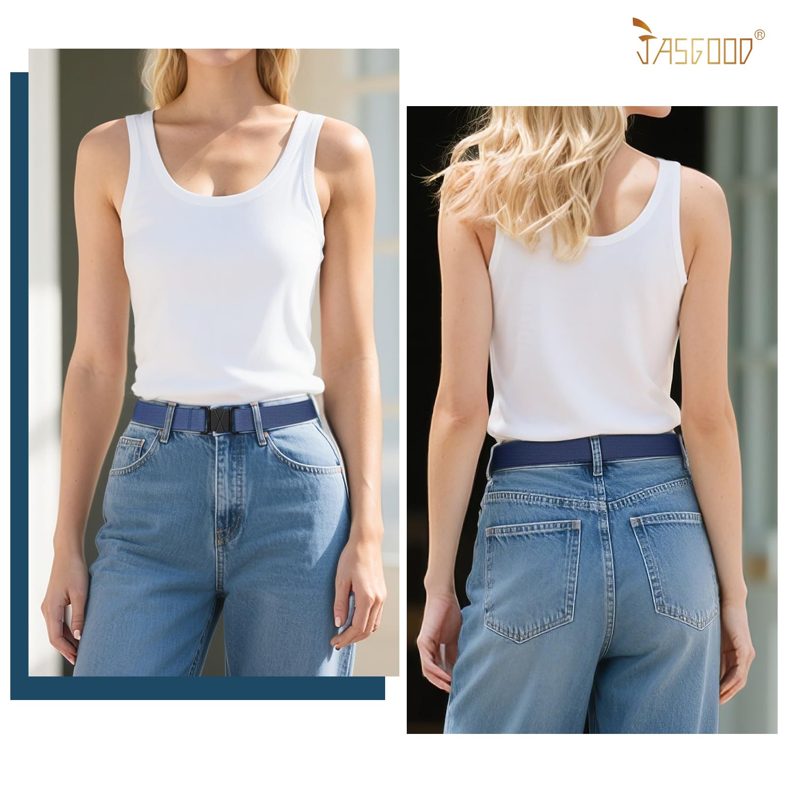 JASGOOD Women No Show Stretch Belt Flat Buckle Elastic Web Belt for Jeans Pants Dresses