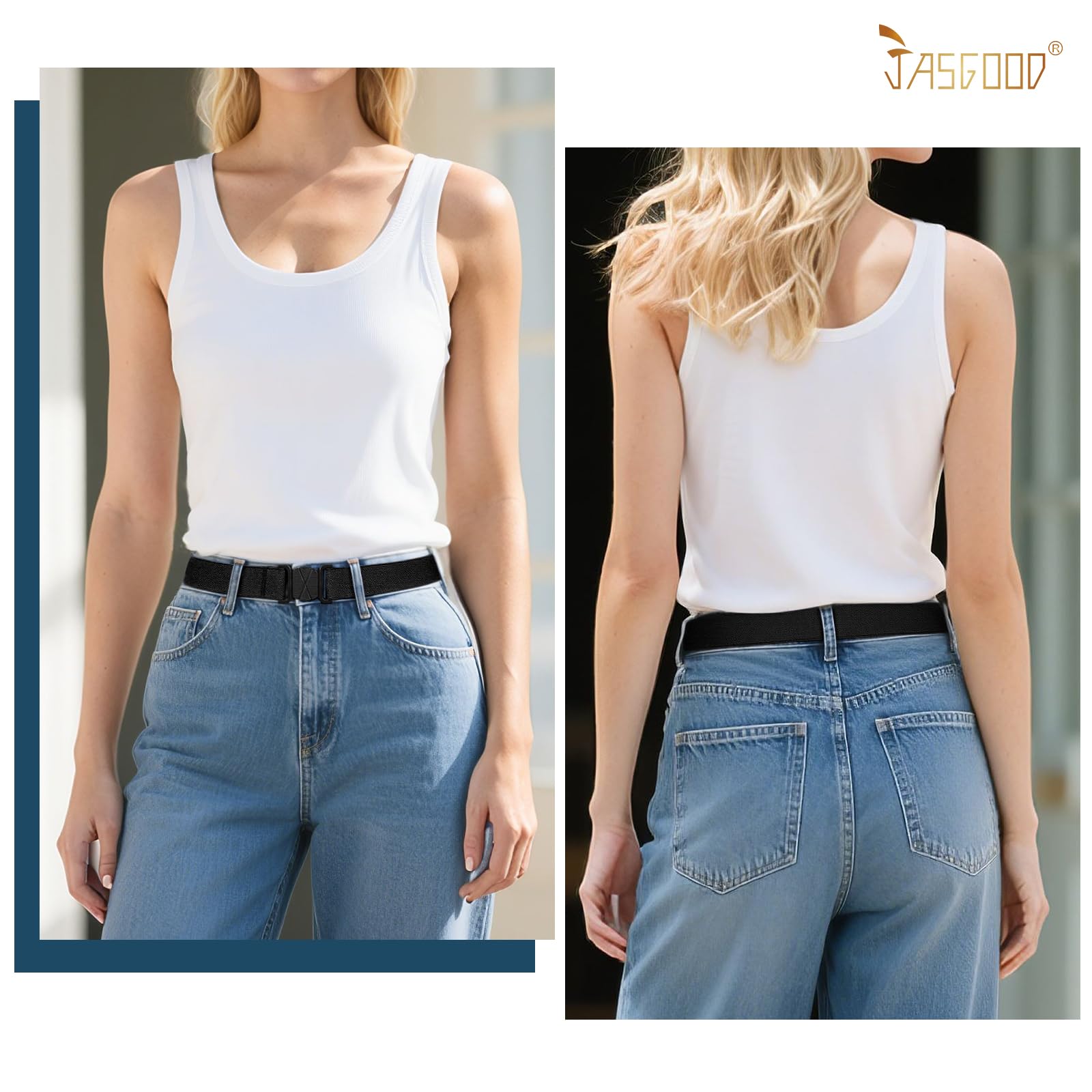 JASGOOD Women No Show Stretch Belt Flat Buckle Elastic Web Belt for Jeans Pants Dresses