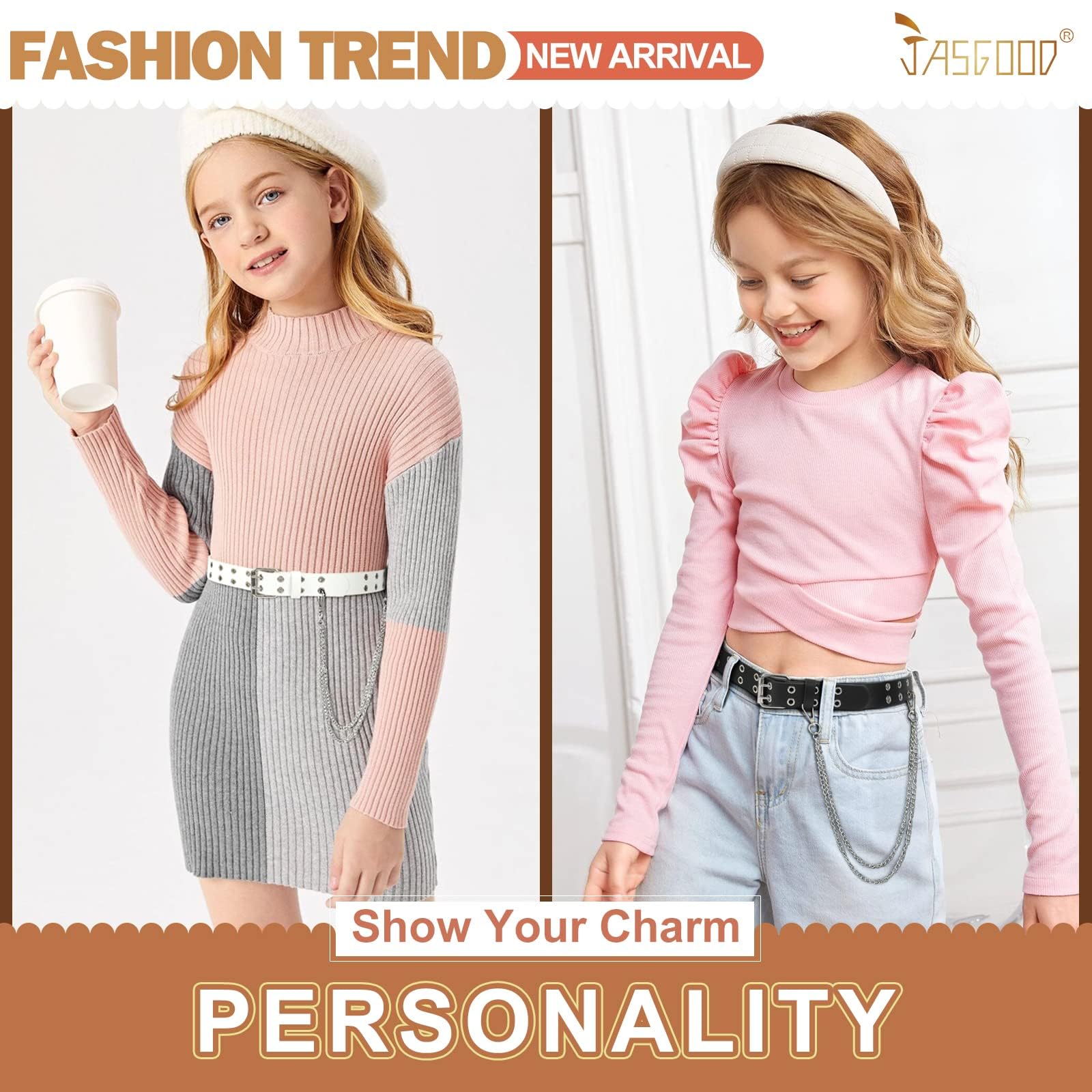 JASGOOD 2 Pack Kids Double Grommet Belt for Girls and Boys, PU Leather Kids Double Studded Holes Belt for Jeans Pants