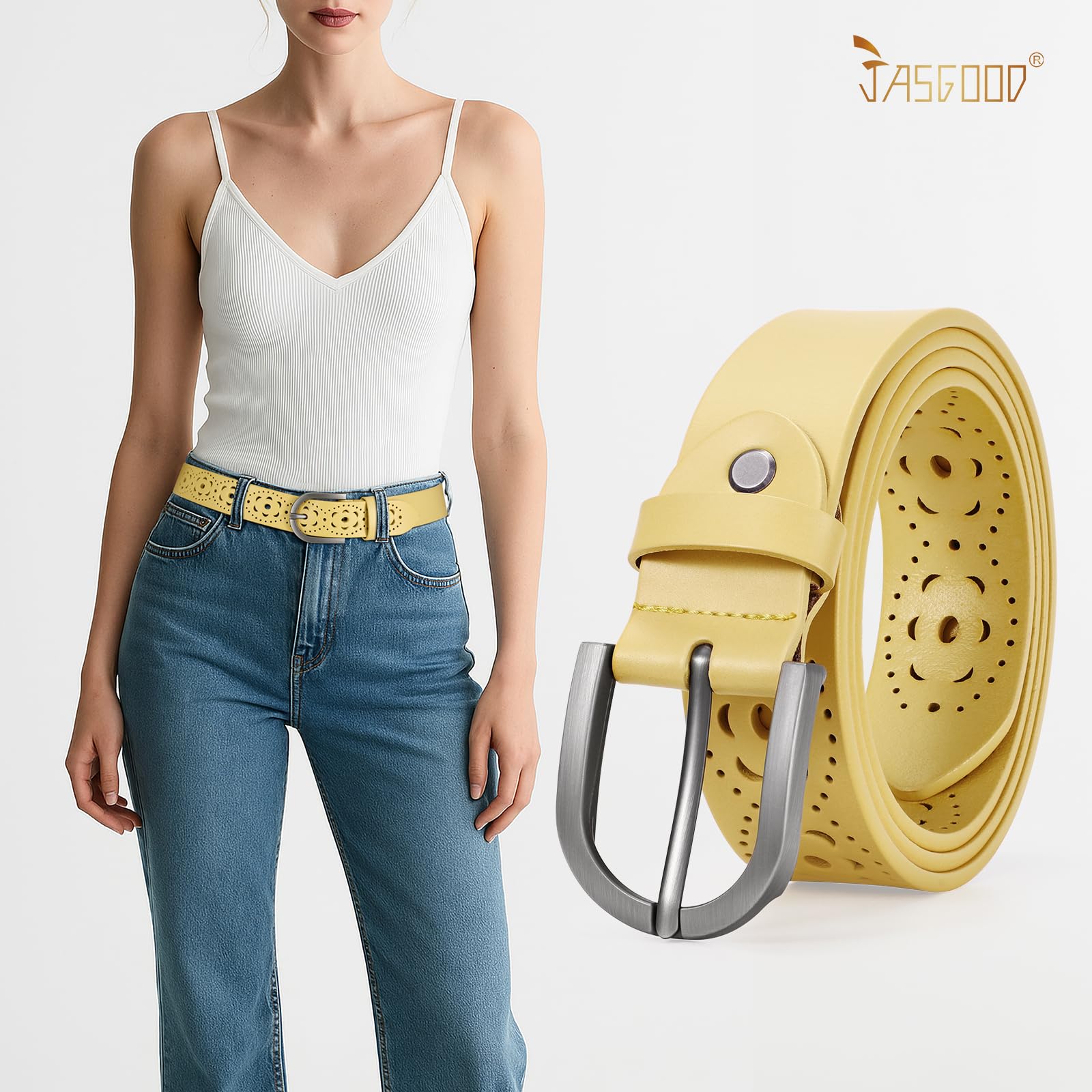 JASGOOD Hollow Genuine Leather Belt for Women Ladies Belt for Jeans Pants Casual Waist Belt - JASGOOD OFFICIAL