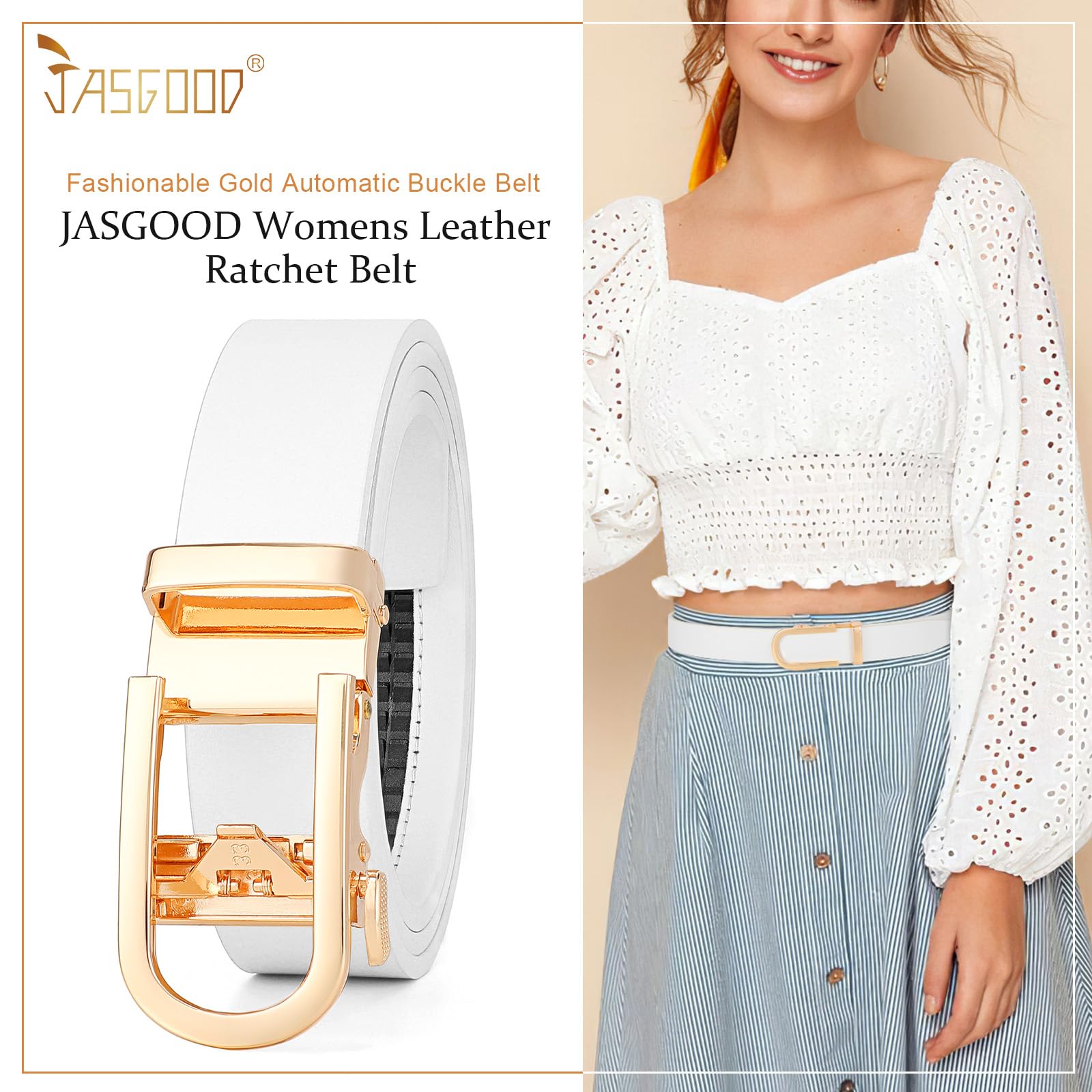 JASGOOD Women Leather Ratchet Belt for Jeans Pants Dresses Adjustable Belt with Automatic Sliding Buckle, Width 1.2" - JASGOOD OFFICIAL