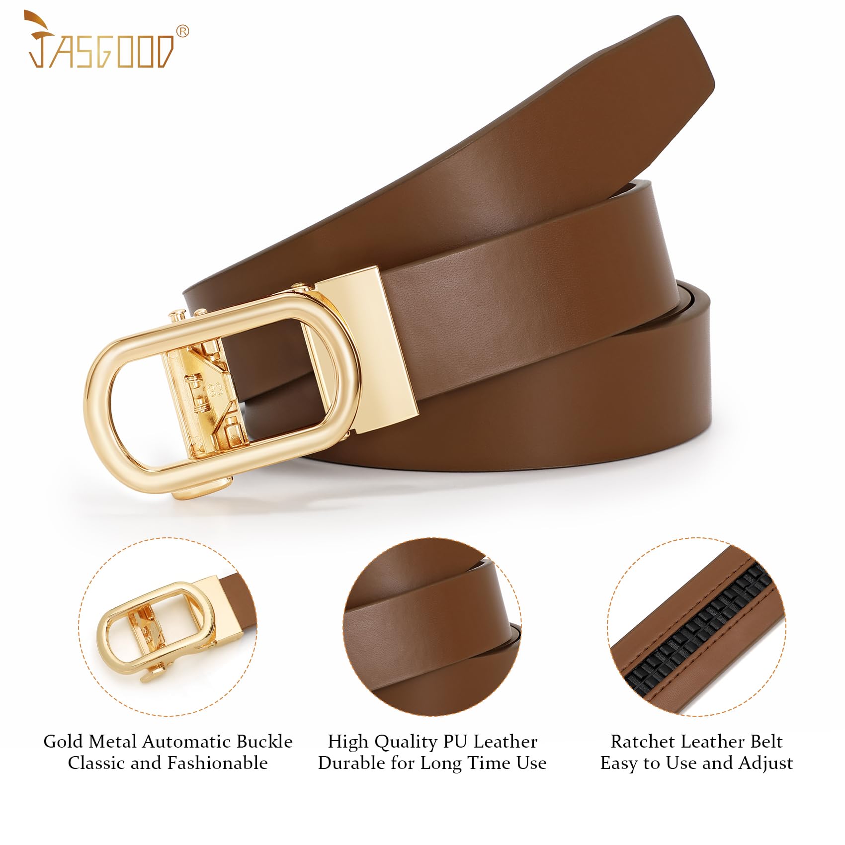 JASGOOD Women Leather Ratchet Belt for Jeans Pants Dresses Adjustable Belt with Automatic Sliding Buckle, Width 1.2" - JASGOOD OFFICIAL