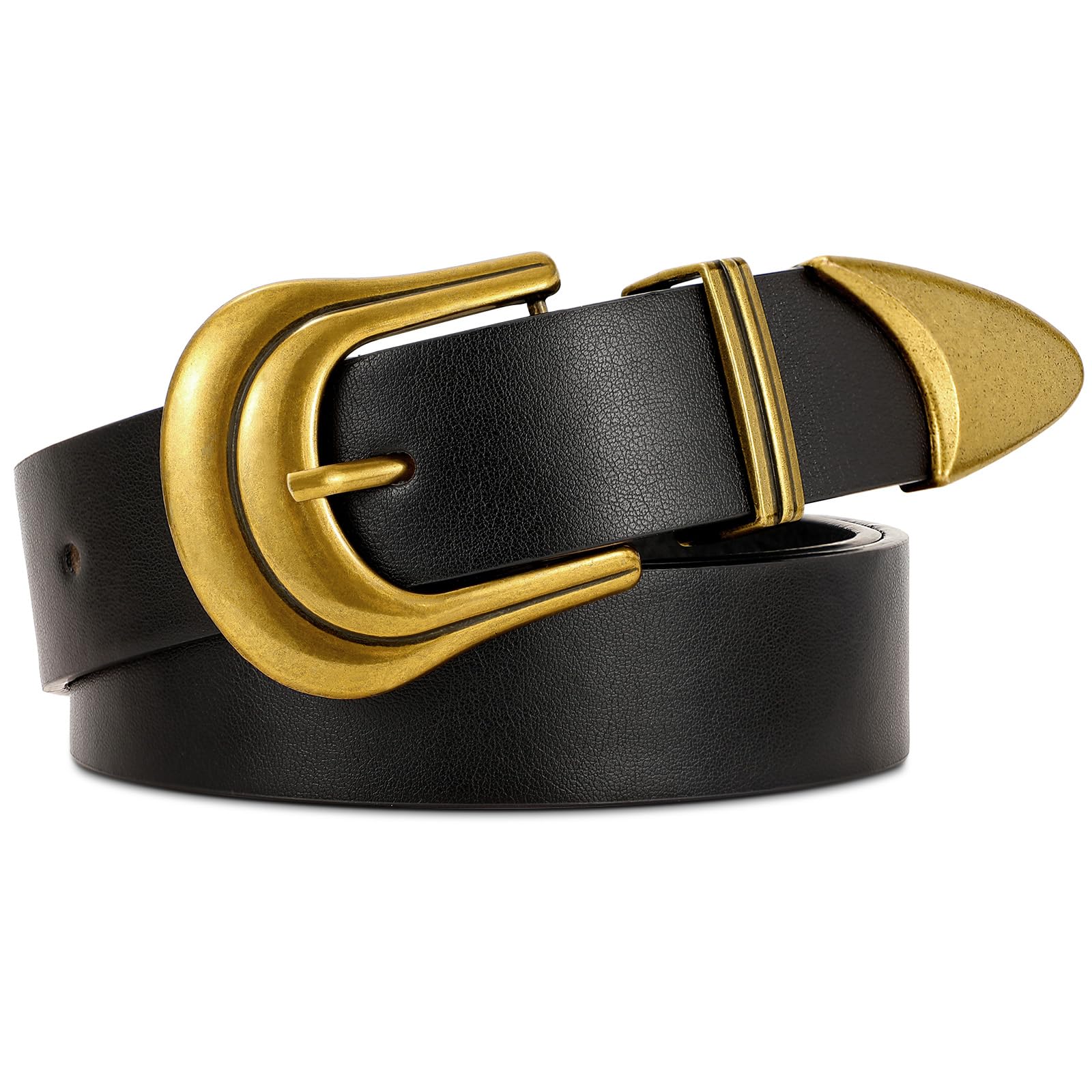 JASGOOD Women's Western Belt Vintage Black Leather Waist Belt for Pants Jeans with Gold Buckle