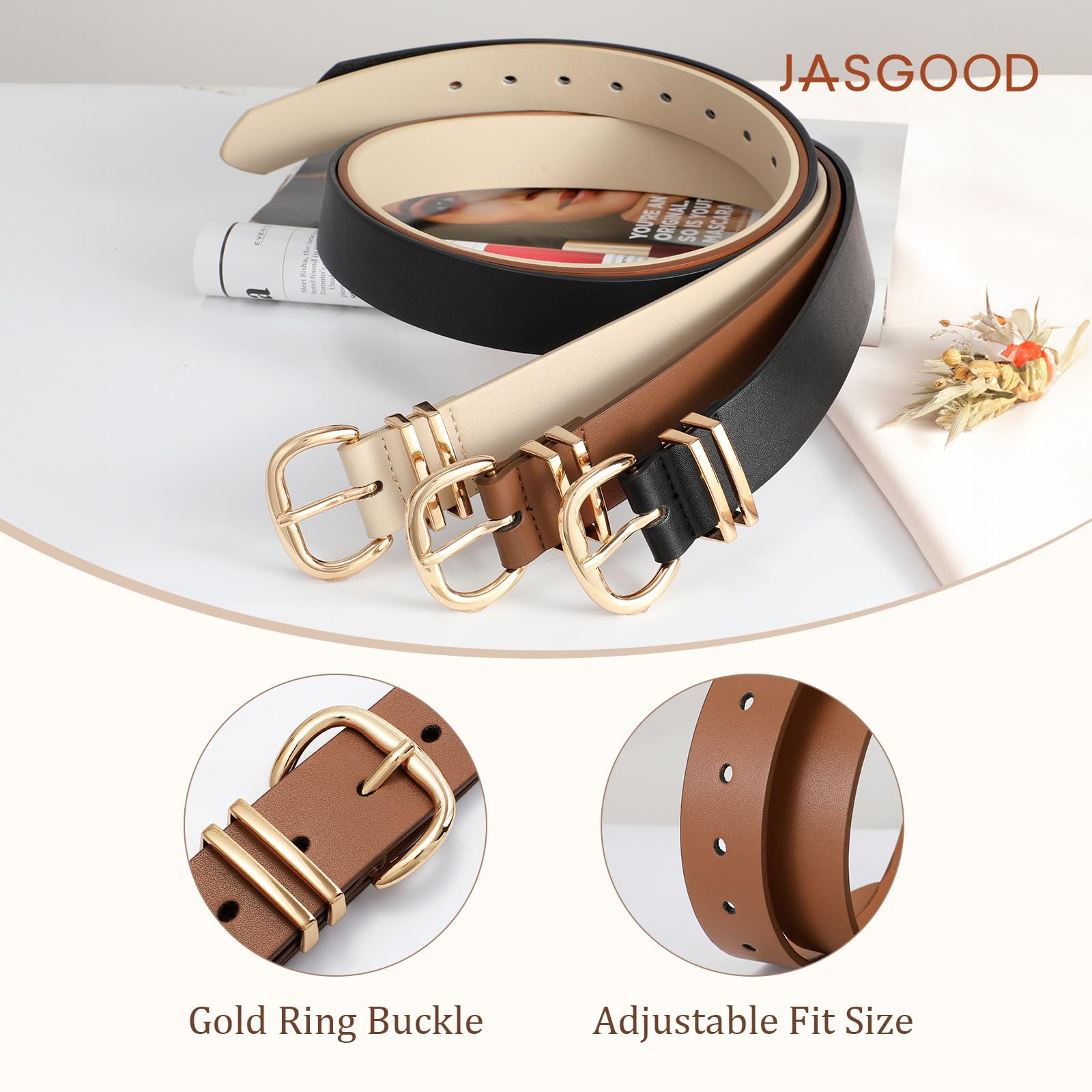 JASGOOD 3 Pack Belts for Women Leather Waist Belts for Jeans Dresses Pants Ladies Fashion Belt with Gold Buckle