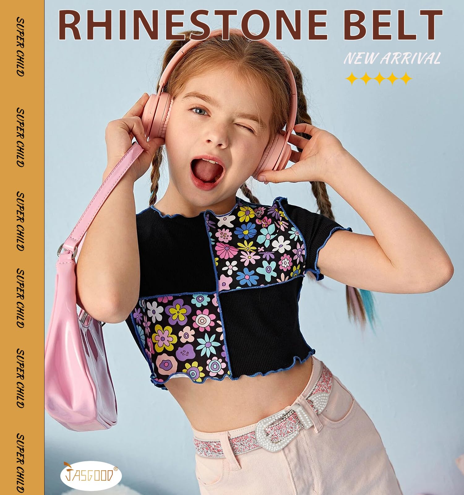 JASGOOD Kids Rhinestone Belt for Girls and Boys,Western Cowgirl Cowboy Bling Studded Leather Belt for Jeans Dress