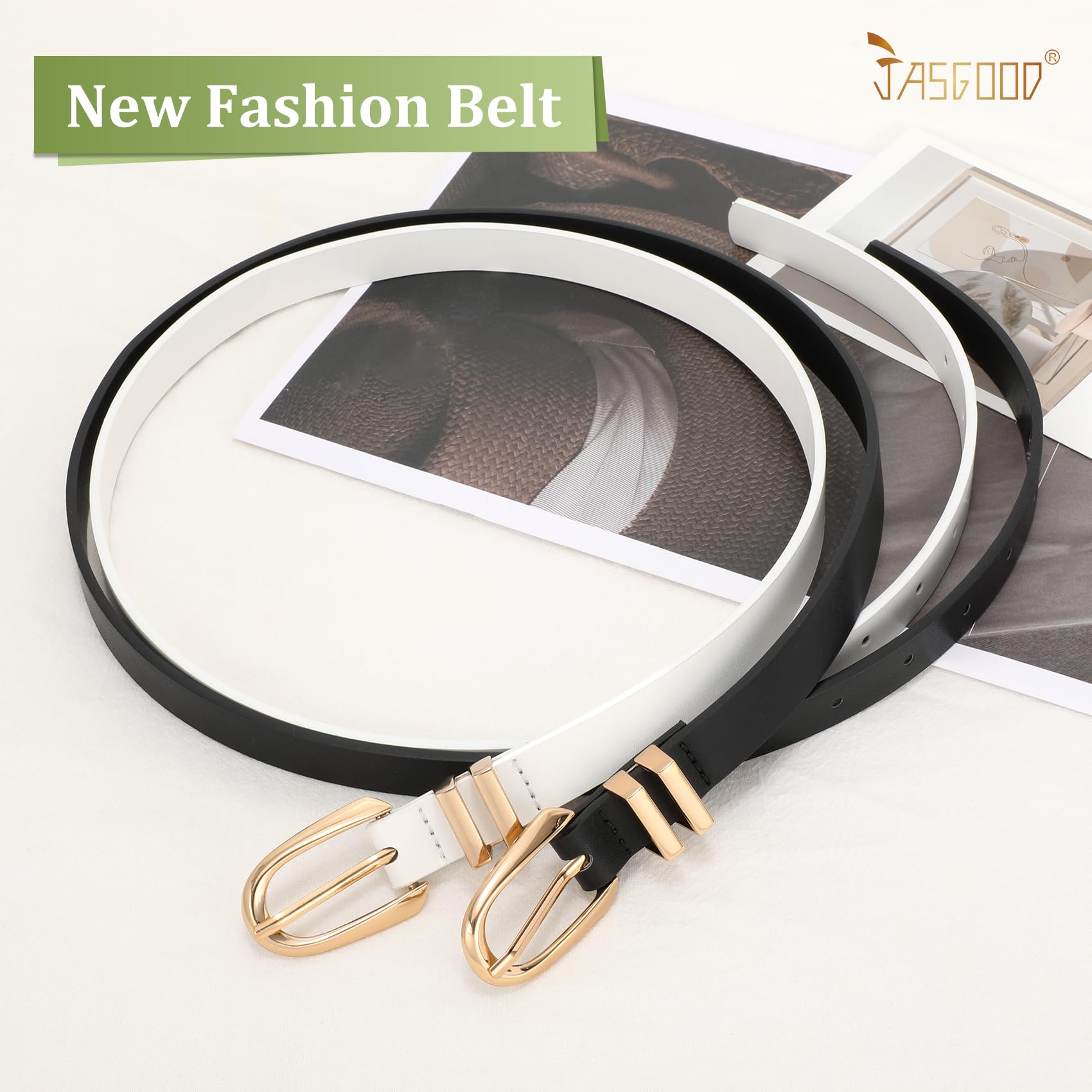 JASGOOD 2 Pack Women Skinny PU Leather Belt Ladies Thin Leather Plus Size Waist Belt for Jeans Dress with Gold Buckle