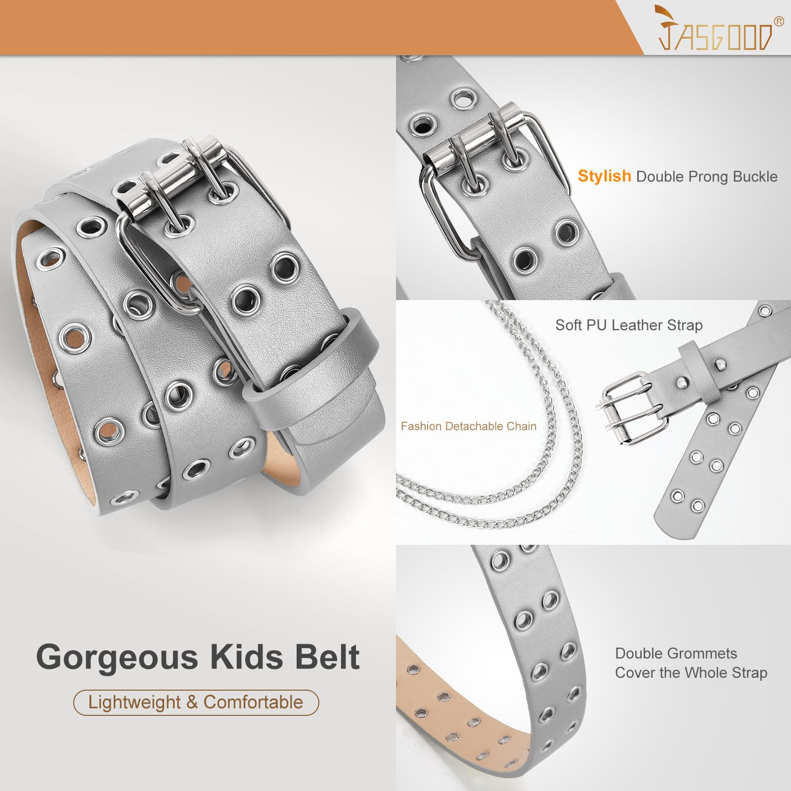JASGOOD Kids Double Grommet Belt for Girls and Boys, PU Leather Kids Double Studded Holes Belt for Jeans Pants - JASGOOD OFFICIAL