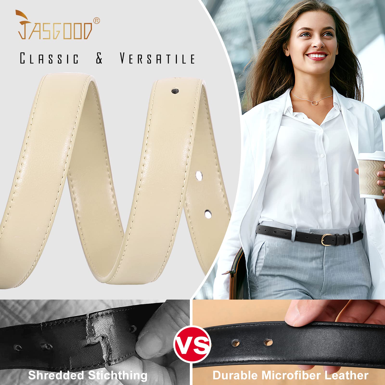JASGOOD Women Leather Belt Fashion Dress Belt with Gold Buckle for Ladies Jeans Pants