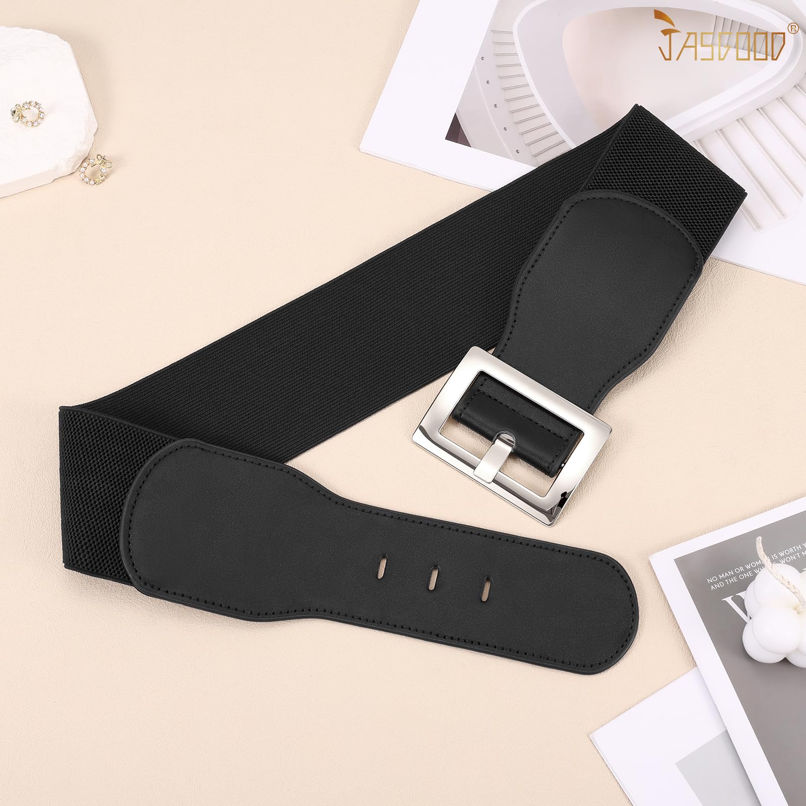 JASGOOD Women Wide Elastic Belt Stretchy Vintage Waist Belts for Dress Santa Belt with Square Buckle